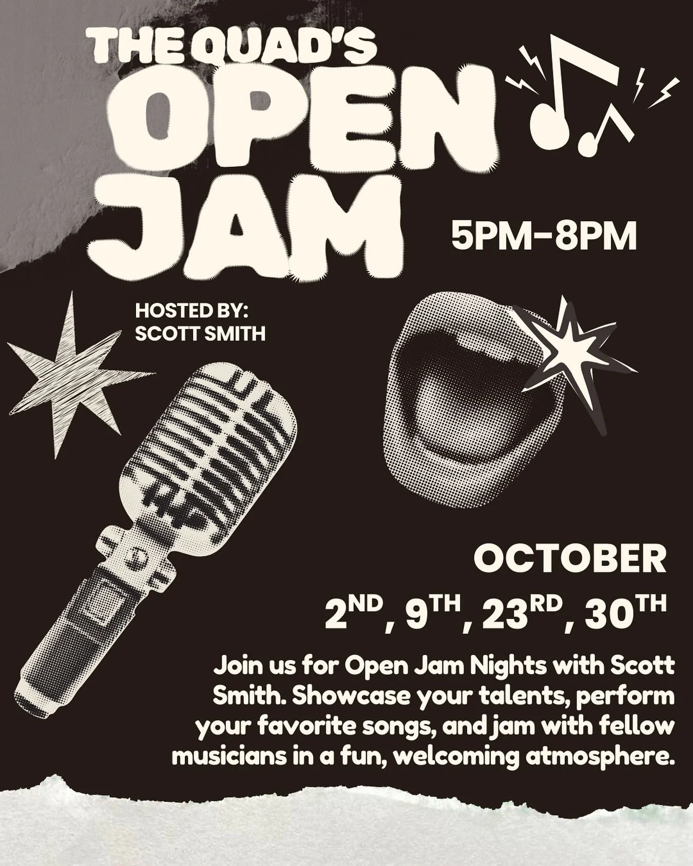 🎤 Open Jams are BACK at The Quad! 🎶
Don&rsquo;t miss our first jam night on Thursday, October 2nd from 5PM&ndash;8PM &mdash; hosted by Scott Smith!
Come showcase your talent, play your favorite tunes, and vibe with fellow musicians in a fun, welcom