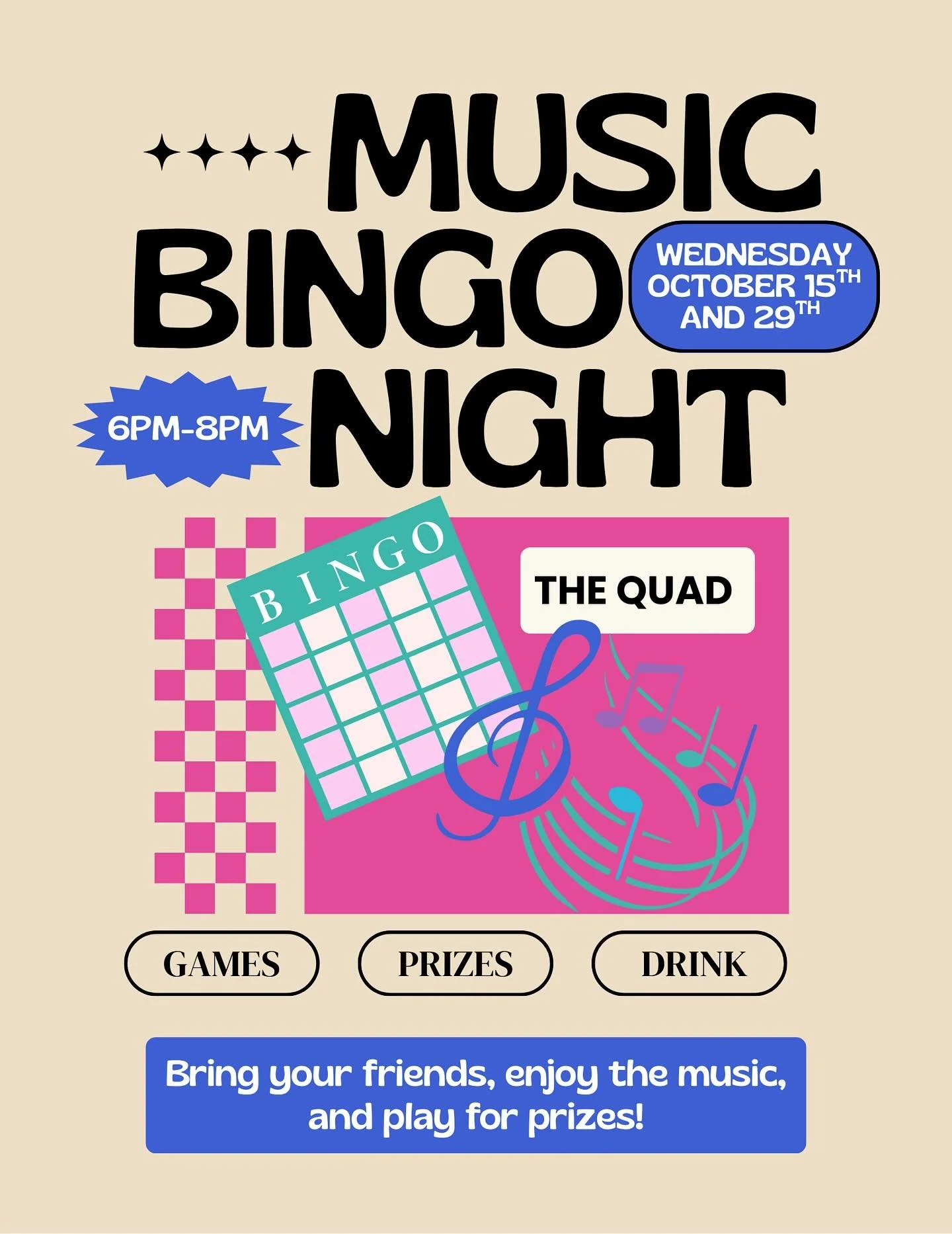 🎶✨ Music Bingo Night is back at The Quad! ✨🎶
📅 Wednesday, October 15th &amp; 29th
🕕 6PM&ndash;8PM

Enjoy good music, drinks, games, and chances to win prizes! 🎉 Grab your friends and join the fun! 🎵🍹