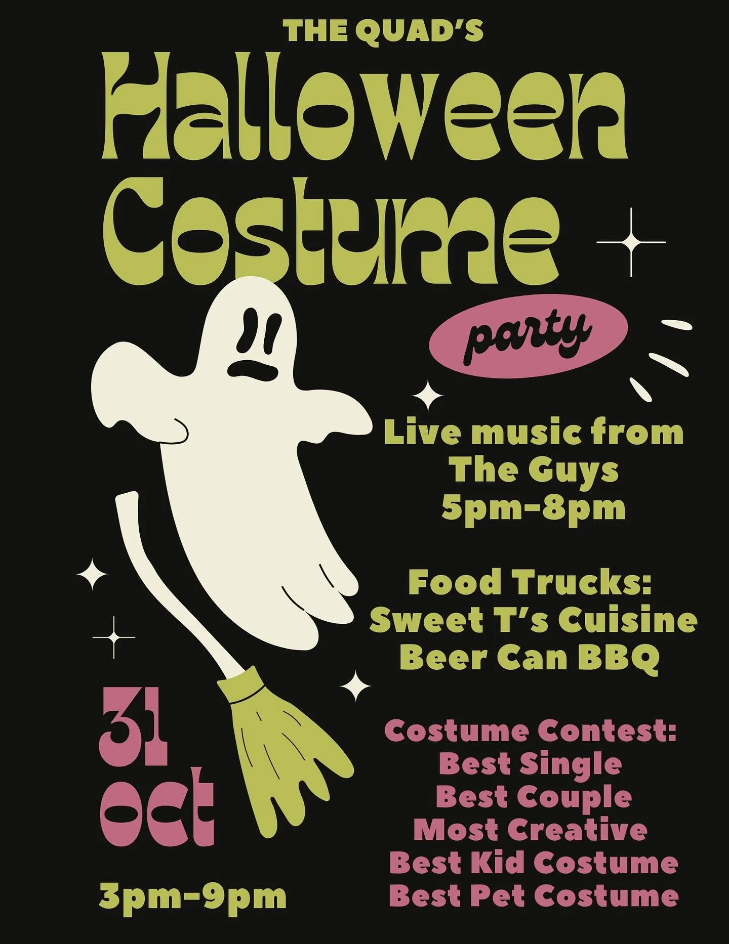 👻🎃 Get ready for a spooktacular night at The Quad&rsquo;s Halloween Costume Party! 🎶🍻
🗓 October 31 | ⏰ 3pm&ndash;9pm
✨ Live music from The Guys (5&ndash;8pm)
✨ Delicious bites from Sweet T&rsquo;s Cuisine &amp; Beer Can BBQ
✨ Epic costume contes