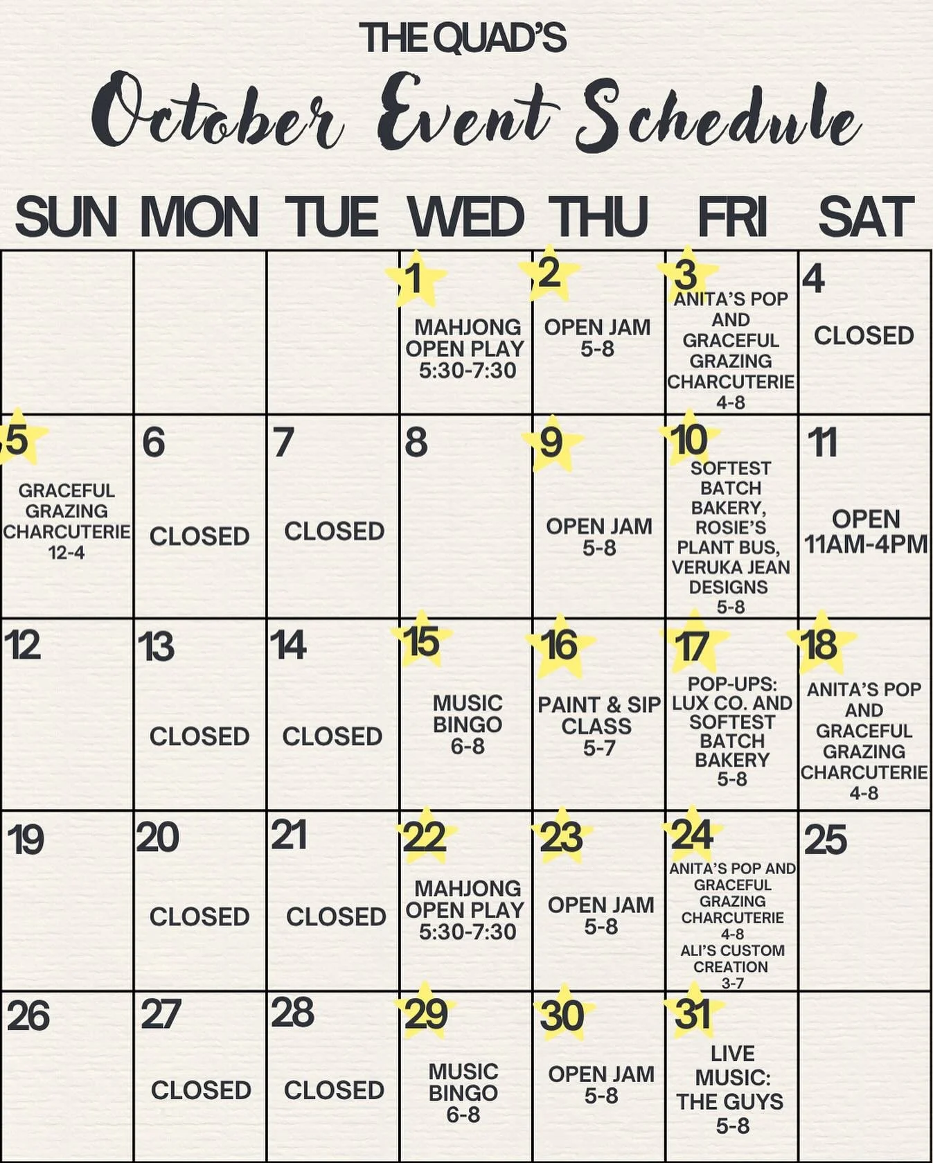 ✨ October is looking stacked at The Quad! 🍂 From open jams and live music to bingo, pop-ups, and plenty of tasty treats&mdash;there&rsquo;s something happening every week. 🎶🧀 Come hang out, grab a friend, and make some memories with us this month!