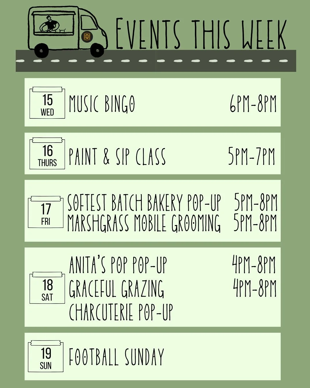 Another fun-filled week at The Quad! 🎶🍷🧁 From Music Bingo to Paint &amp; Sip, local pop-ups, and Football Sunday &mdash; there&rsquo;s something for everyone! Come hang out with us all week long! 🙌