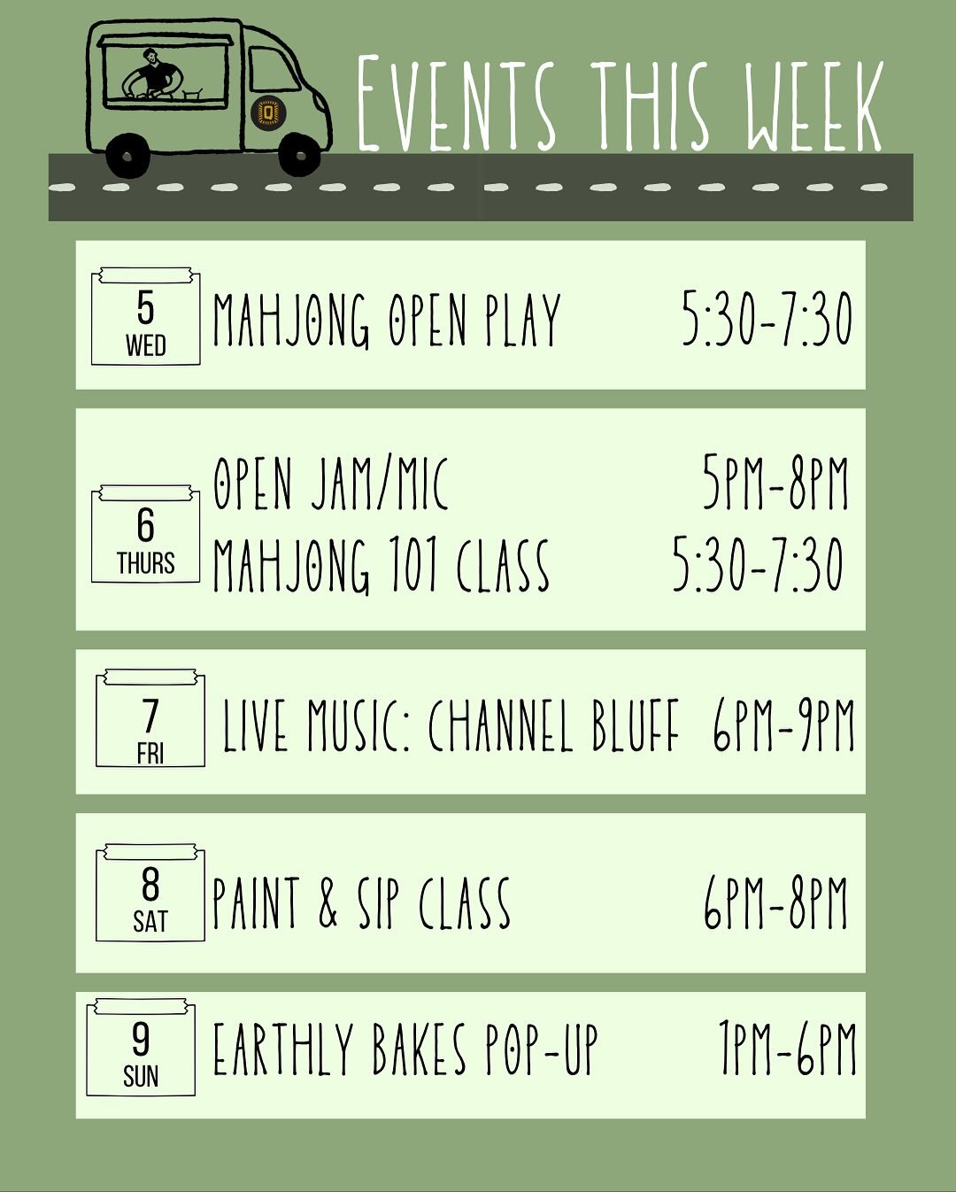 🎉 This Week at The Quad! 🎶🍴

🀄 Mahjong Open Play &mdash; Wed 5:30&ndash;7:30PM ($15)
🎸 Open Jam/Mic &mdash; Thurs 5&ndash;8PM
🀄 Mahjong 101 Class &mdash; Thurs 5:30&ndash;7:30PM ($60 w/ drink)
🎶 Live Music: Channel Bluff &mdash; Fri 6&ndash;9P