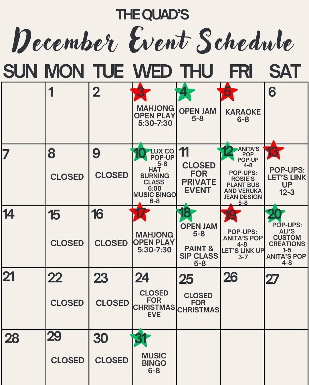 🎉 December at The Quad is PACKED! 🎉
Mark your calendars &mdash; we&rsquo;ve got something fun every week this month!

📍 Event Highlights:
⭐ Mahjong Open Play &ndash; Dec 3 &amp; 17
Sign-up is $15. Email grand.strand.mahj@gmail.com to reserve your 