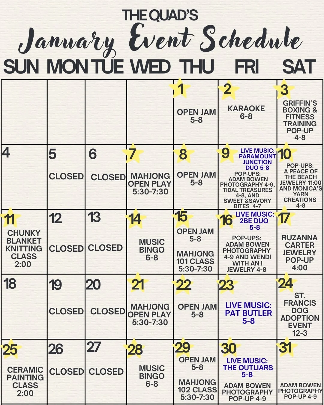 Start 2026 with a full calendar of fun at The Quad &mdash; and Friday night LIVE MUSIC is back! 🎶✨ Join us all month long for live music every Friday, plus pop-ups, bingo nights, creative classes, and mahjong meetups.

🀄 Mahjong Open Play &ndash; $