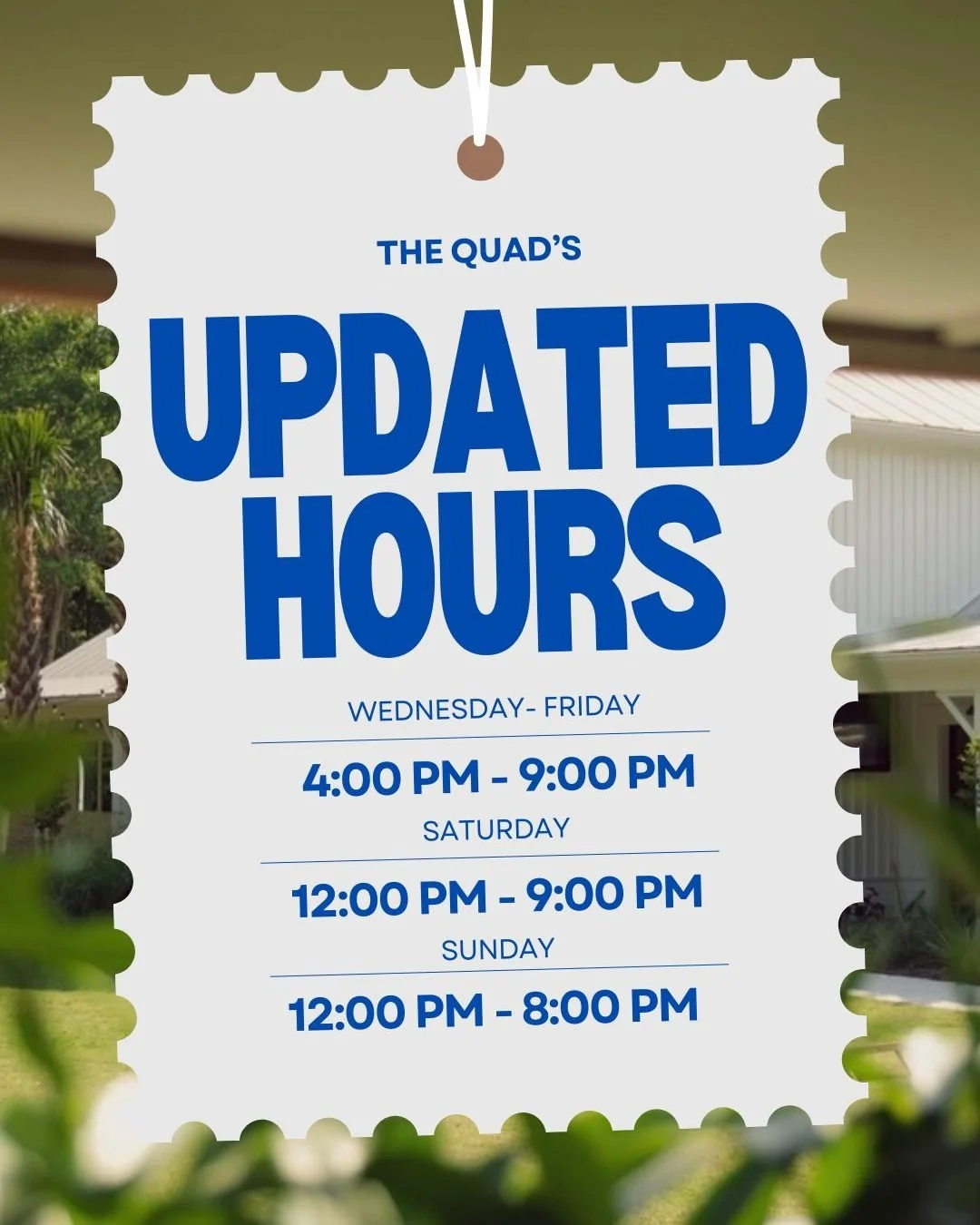 Updated hours, same good vibes ⏰✨
Here&rsquo;s when you can catch us moving forward&mdash;come hang, grab a drink, and enjoy the space.

📅 Wed&ndash;Fri: 4&ndash;9 PM
📅 Saturday: 12&ndash;9 PM
📅 Sunday: 12&ndash;8 PM

See you soon 💙