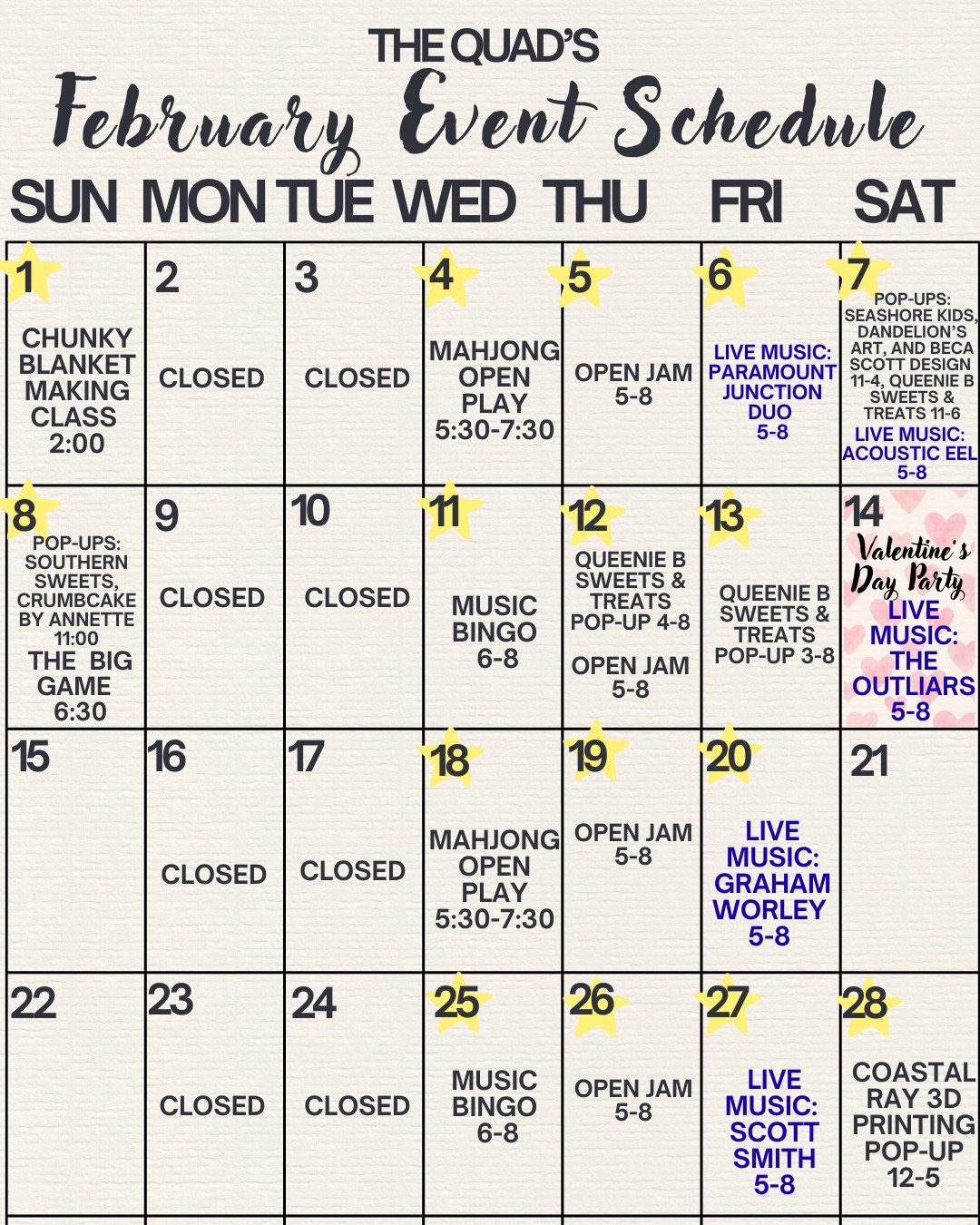 FEBRUARY AT THE QUAD ❤️🎶🍻
We&rsquo;ve got a full month of events, food, games, and live music&mdash;don&rsquo;t miss these highlights 👇

🏈 Big Game Watch Party &ndash; Feb 8
Kickoff at 6:30 &bull; We&rsquo;re open all day starting at 12PM

❤️ Val