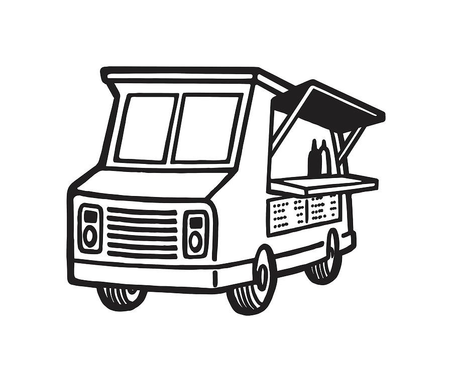 Line art illustration of a food truck with an open serving window, no background.