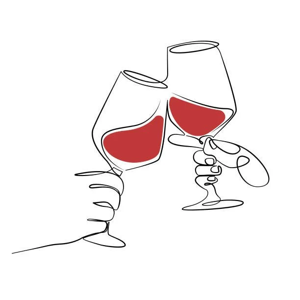 Line drawing of two hands clinking glasses of red wine.