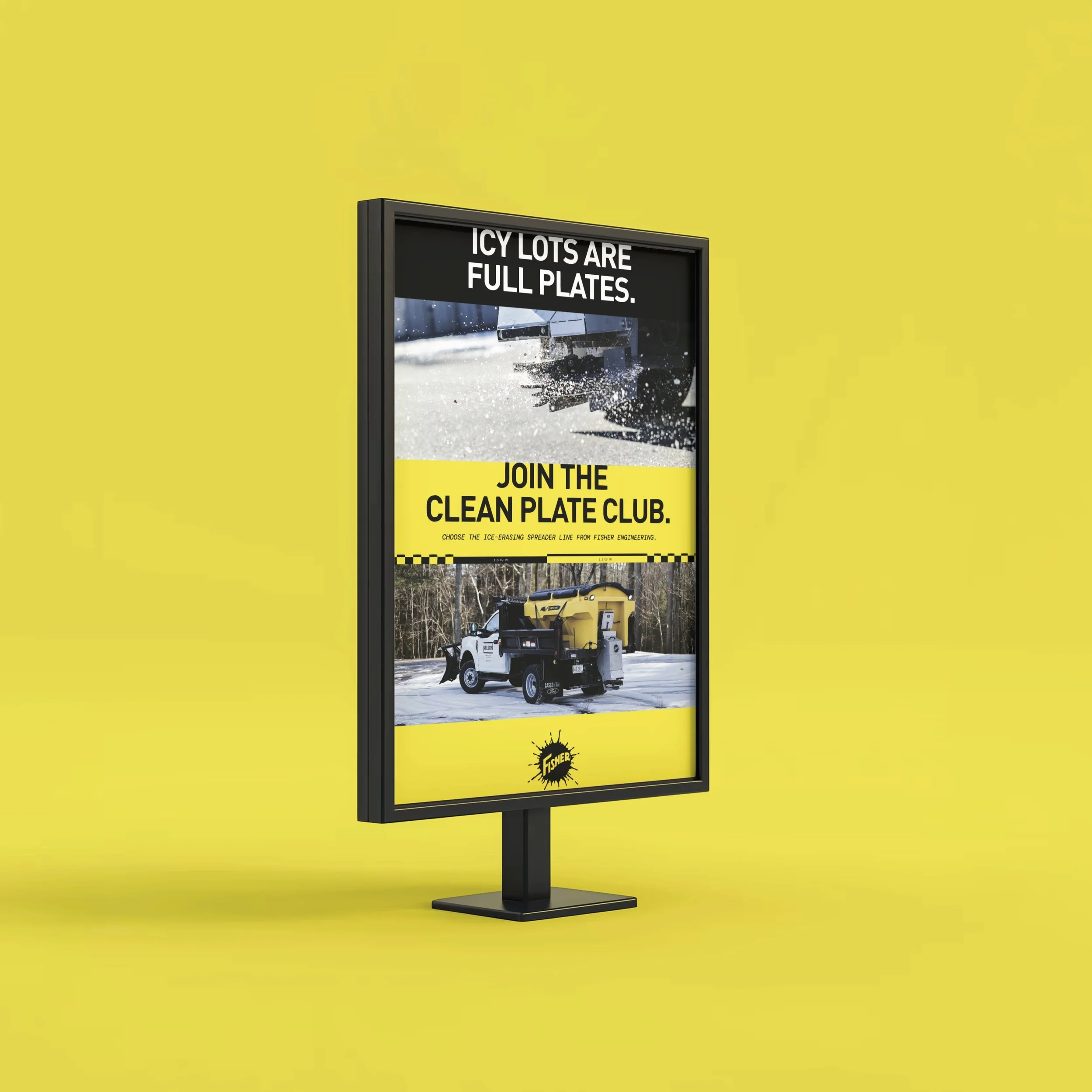 Ad poster for the Clean Plate Club showing a salt spreader vehicle and encouraging people to join to help keep roads clear of ice using a Fisher Engineering spreader. The background is yellow with black and white text.