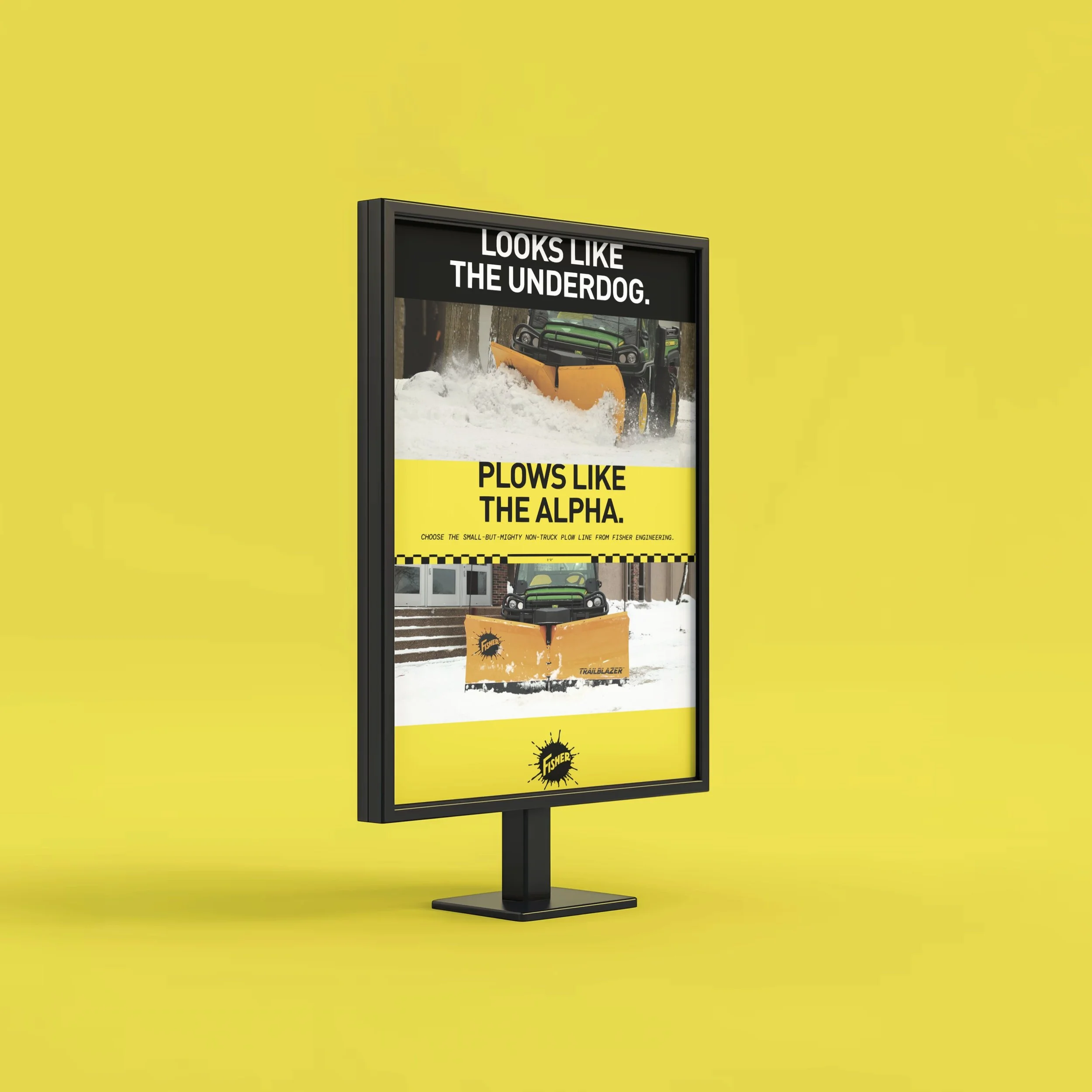 Advertising display for a Fisher plow, showing a comparison between a snowplow and an underdog. The plow is depicted clearing snow, with text highlighting its features.
