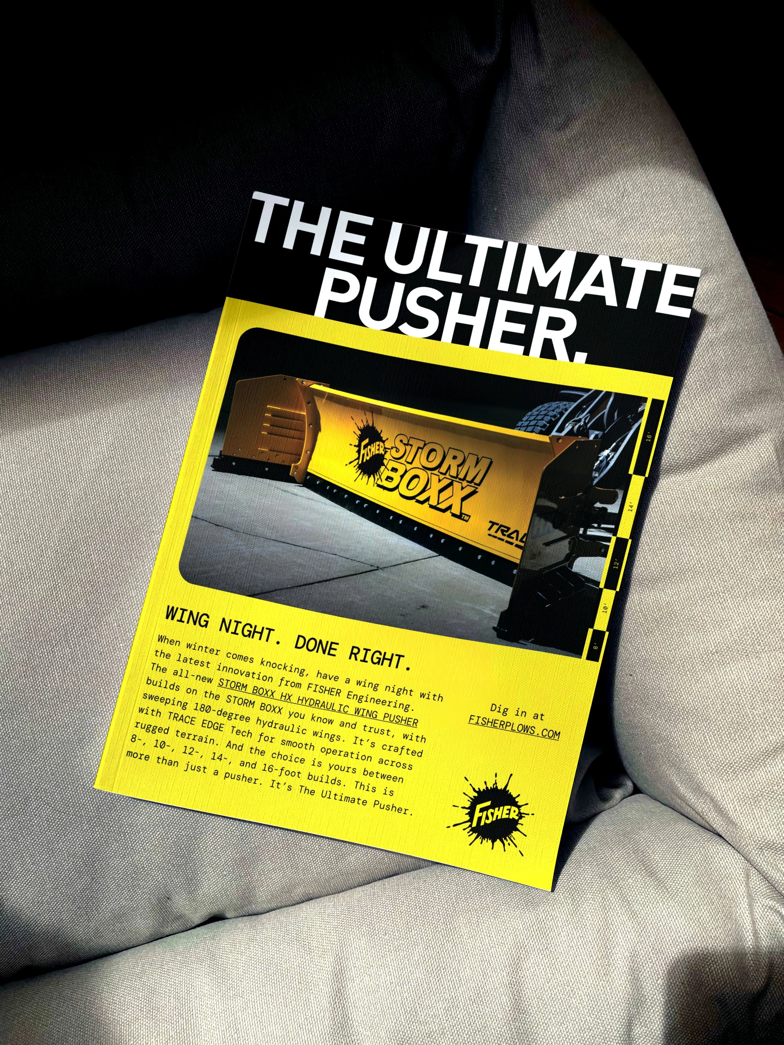 Flyer for Storm Boxx hydraulic pusher featuring product image, bold headlines, and description about its design and performance.