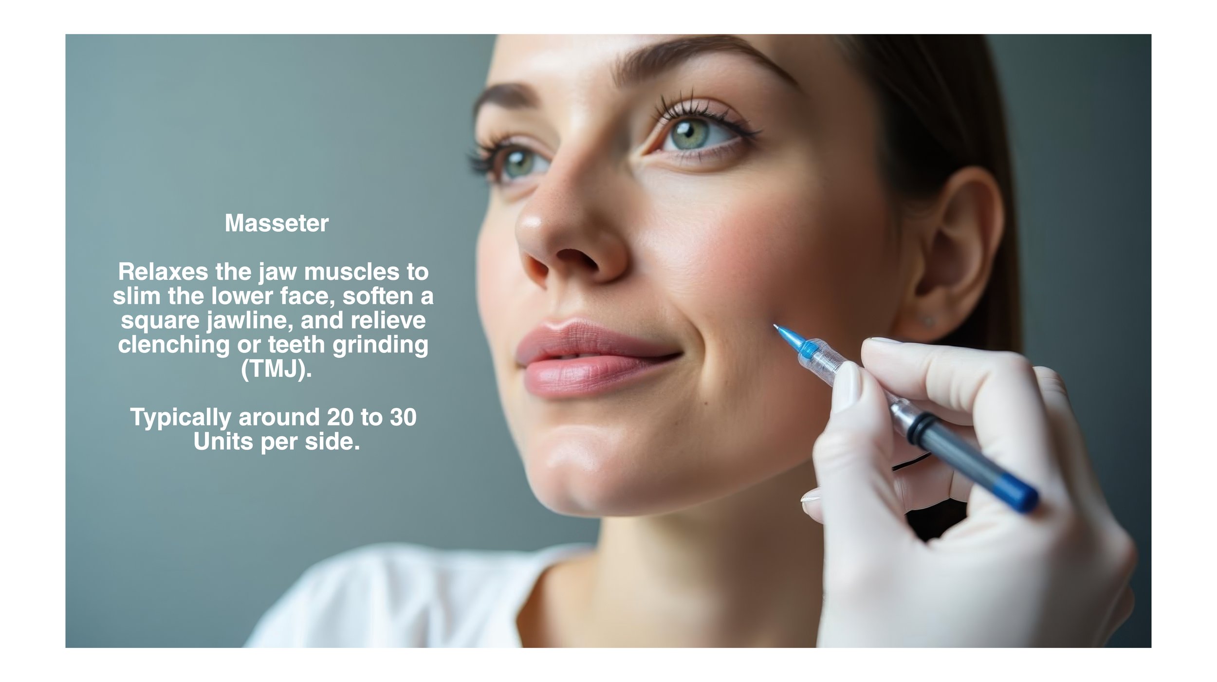 A woman receiving a chin injection from a medical professional with a syringe. White text describes the benefits of masseter injections, mentioning jaw muscle relaxation and typical units used.