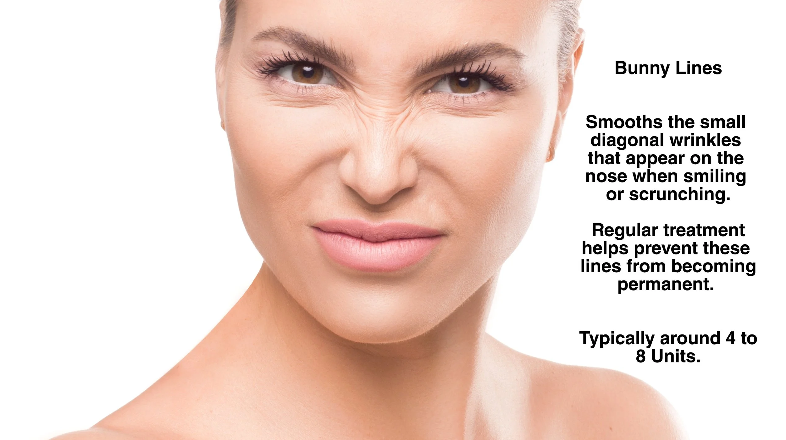 Close-up of a woman's face showing a playful, scrunched expression with a slight smirk, emphasizing her nose and facial features, with a plain white background.