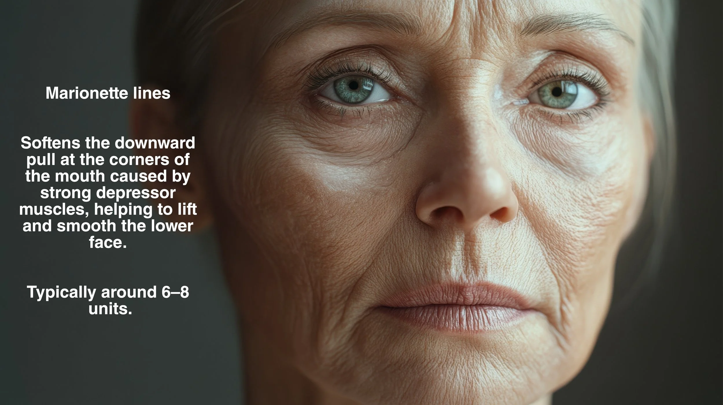 Close-up of an elderly woman's face showing marionette lines and skin wrinkles, with text describing how to treat them.