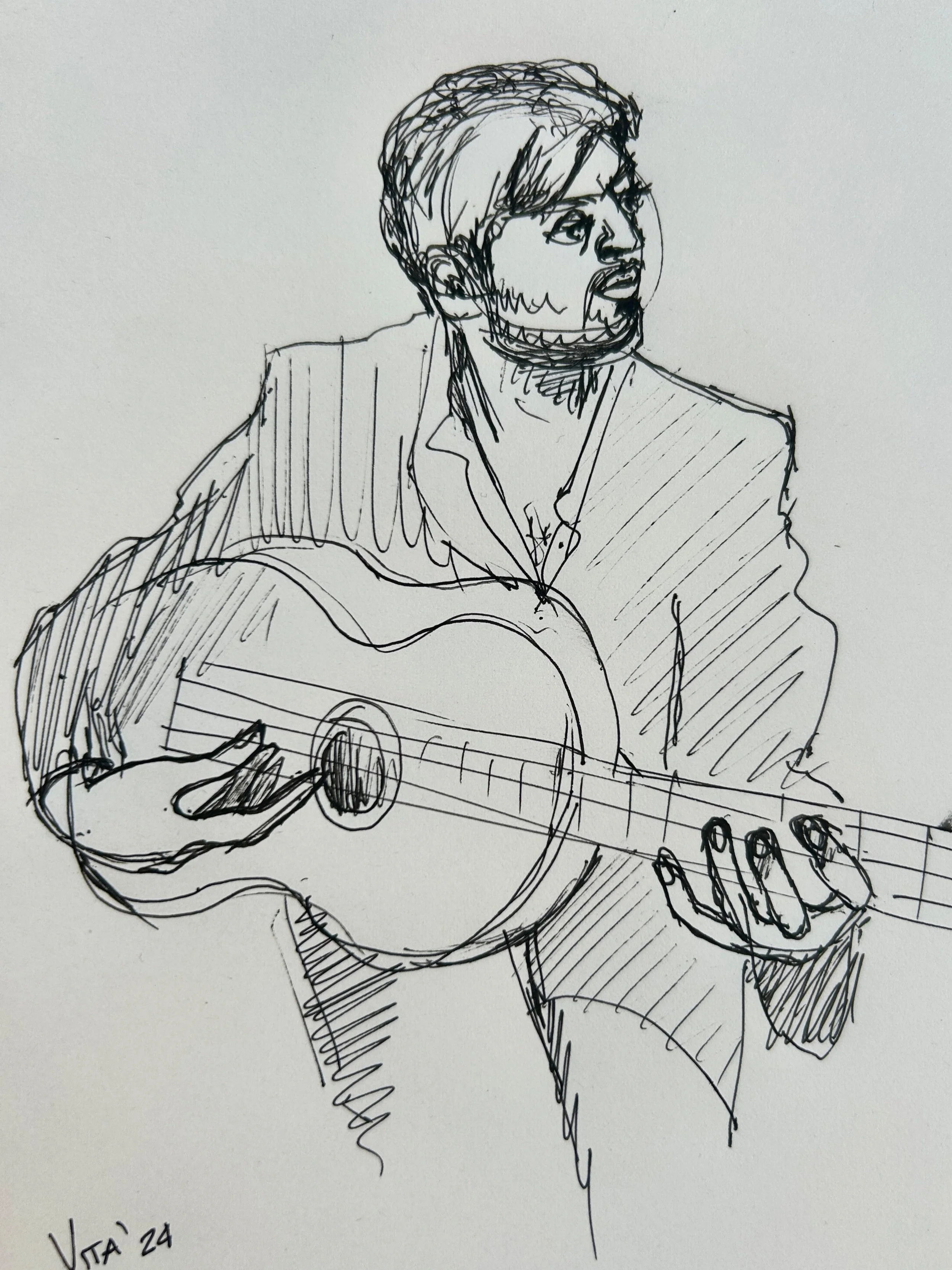 A black and white sketch of a man with a beard and glasses playing an acoustic guitar. He is wearing a suit jacket and has a serious expression, looking to the side.