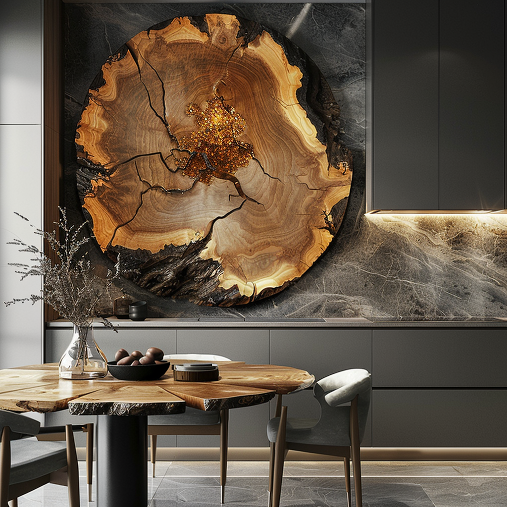 A round, wooden wall art piece with a tree and crack pattern, mounted on a dark stone wall in a modern dining room with wooden table and gray chairs.