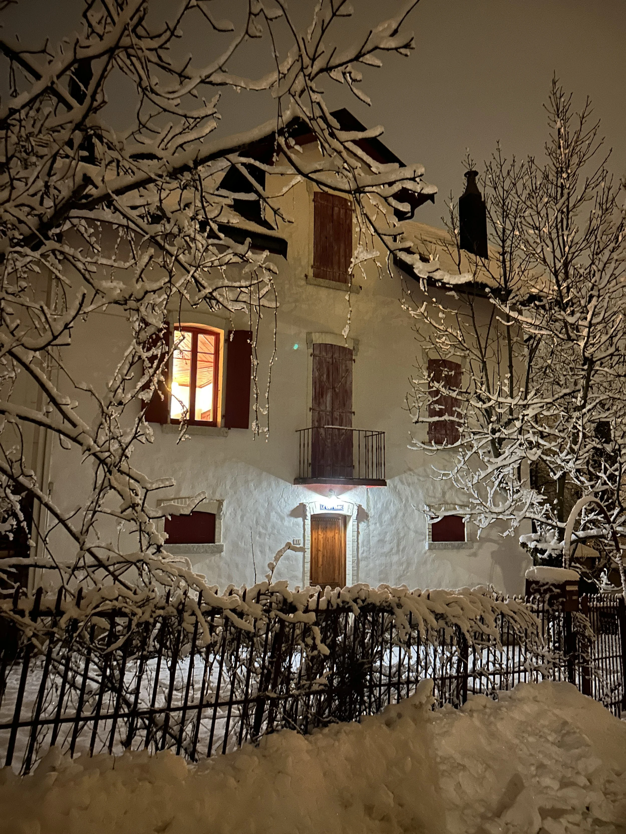 A house in a snowy landscape at night with snow-covered trees and bushes in the foreground, illuminated windows, and a bright exterior light above the door.