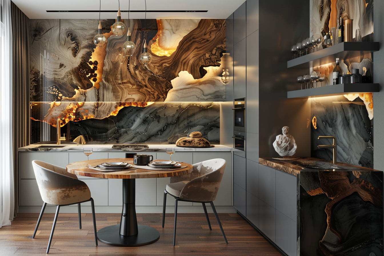 Modern kitchen with an artistic marble backsplash, pendant lights, and a round dining table with chairs.