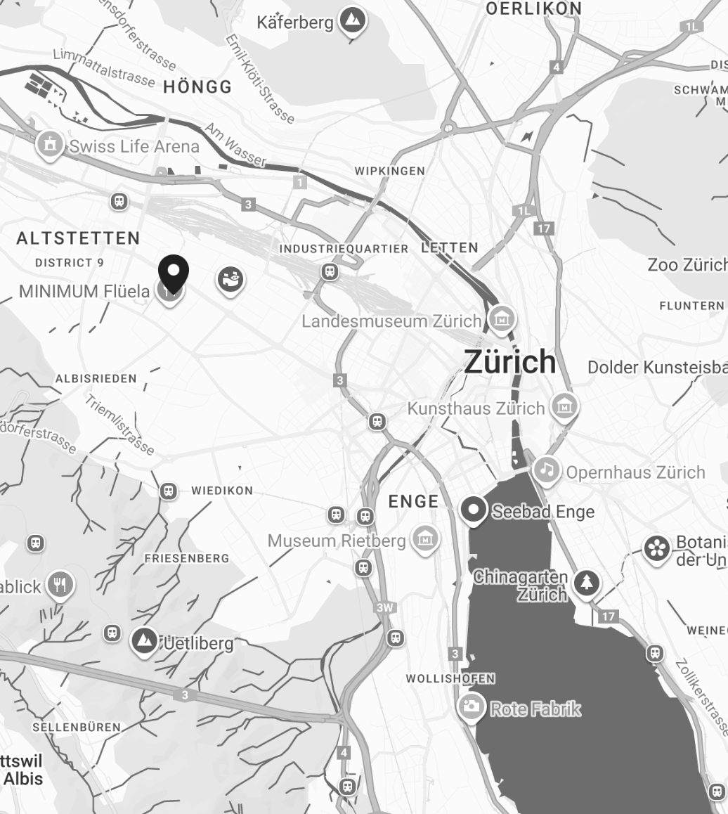 Karte von Zürich, Schweiz, mit Sehenswürdigkeiten wie dem Zürichsee, dem Opernhaus Zürich, dem Kunsthaus Zürich, dem Landesmuseum Zürich und dem Zoo Zürich, mit eingezeichneten Verkehrswegen und Stadtvierteln.