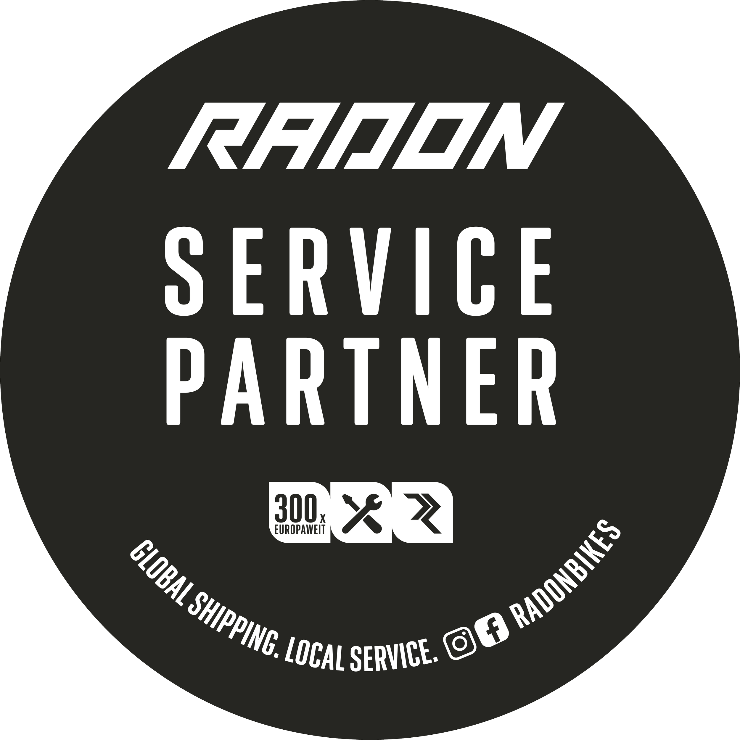 Black circular sticker with white text reading "Radon Service Partner". Contains logos and icons for EuroPawet, tools, and arrows, plus text indicating global shipping, local service, and social media handles.