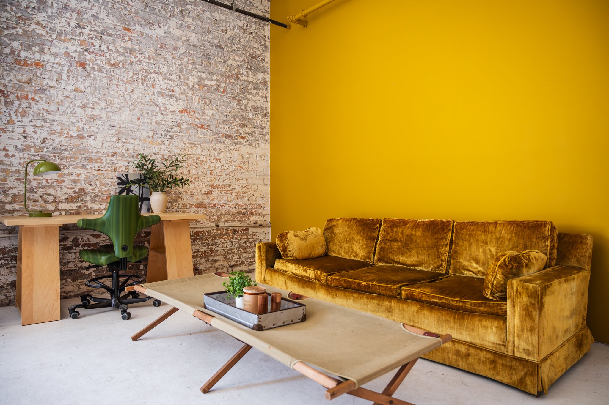 A living room set in Area Hall Art House's studio with a yellow accent wall, a mustard-colored velvet sofa, and a wooden and canvas coffee table.