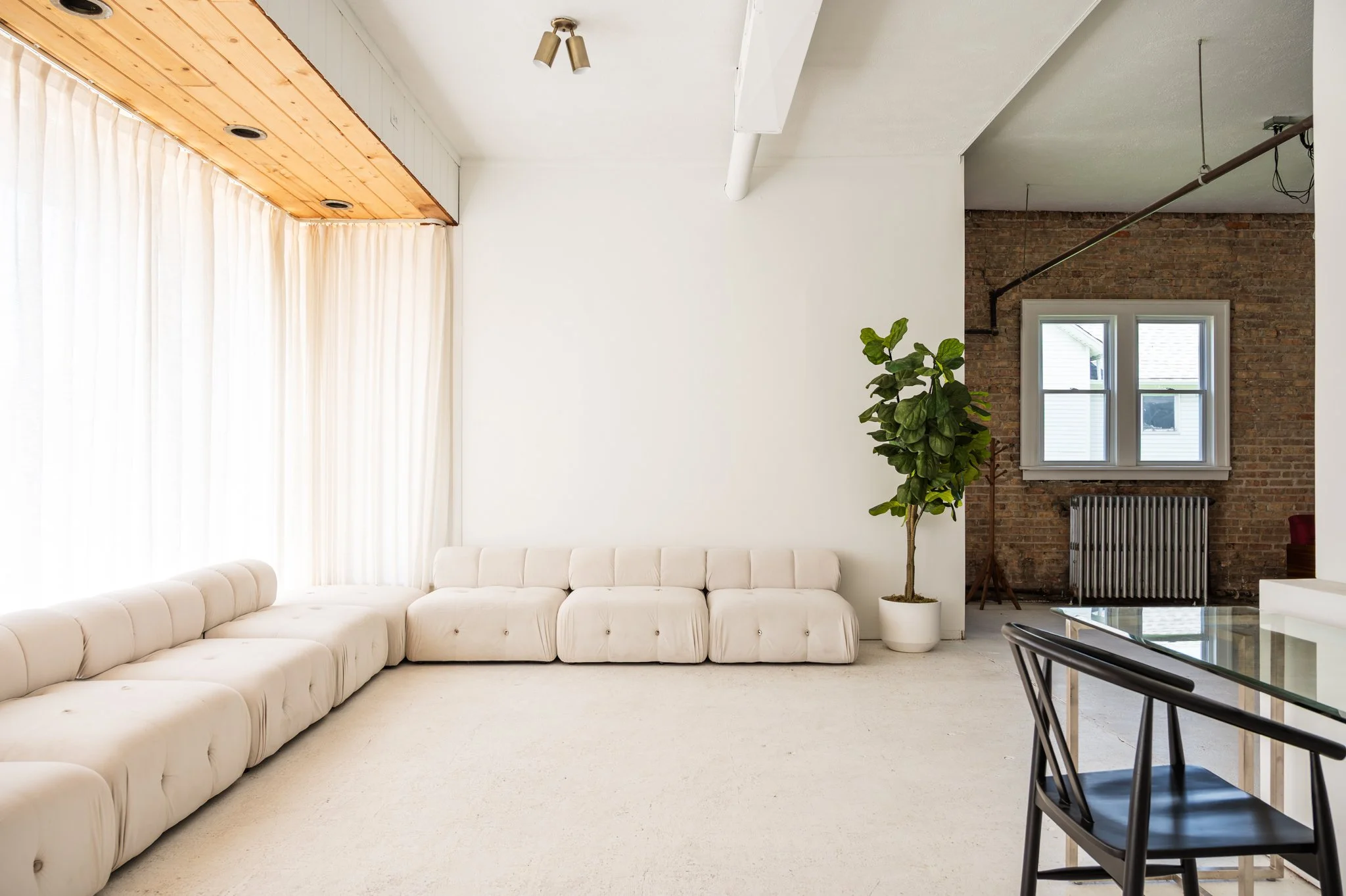 Front studio space with white sectional sofa, tall potted plant, large window with white curtains, exposed brick wall, and ceiling with wooden paneling. Perfect for daylight photography.