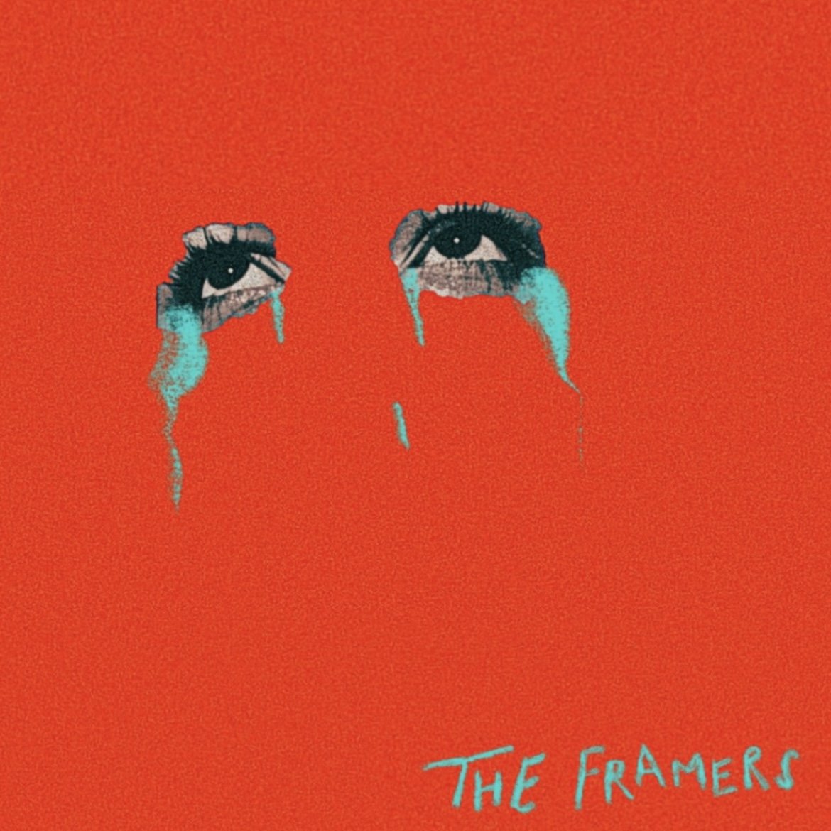 A red background with two black and white eyes with blue tears dripping down. The text 'THE FRAMERS' is written in blue at the bottom. This is the cover art for an EP named Cheater/Broken Ankle, written and performed by The Framers.