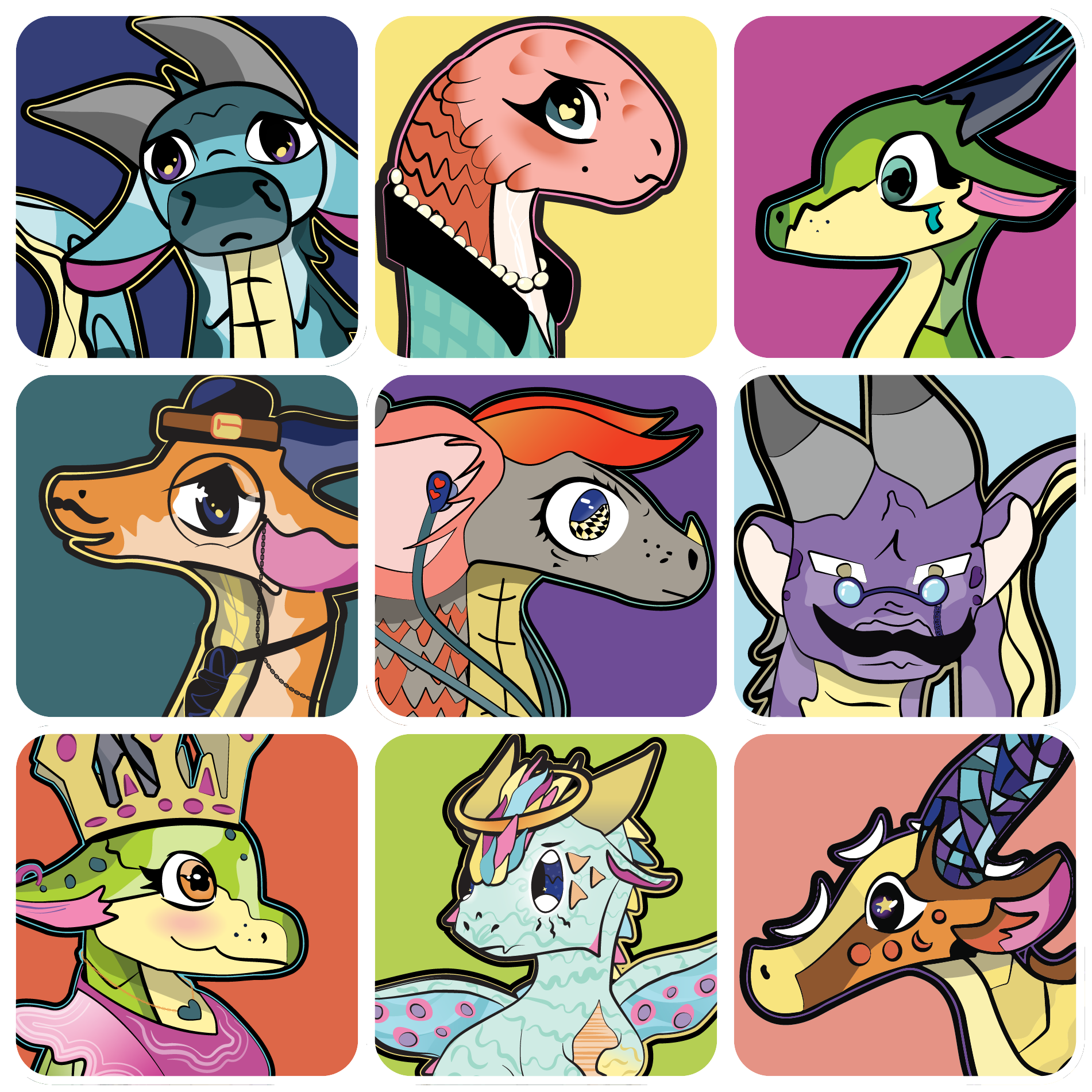 a nine square grid of the characters from chatty dragons