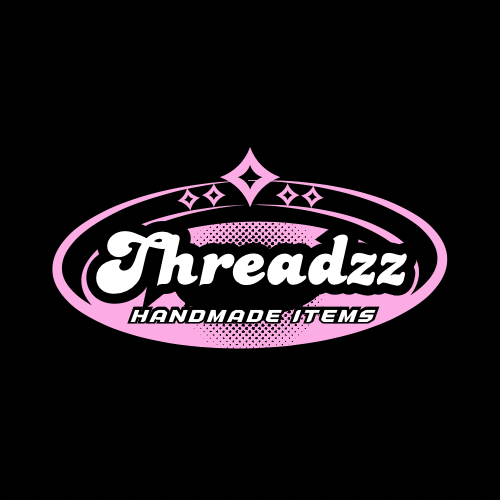 Logo for Threadzz Handmade Items featuring pink and white text on a black background with decorative stars.