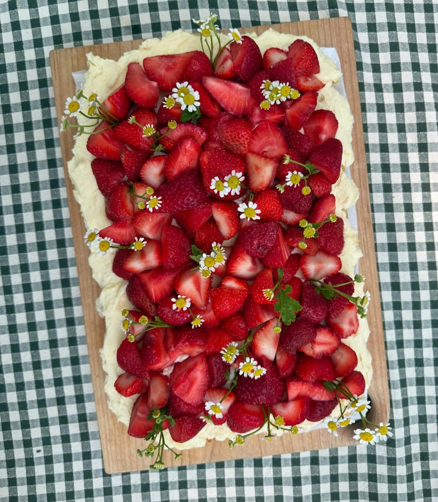One of these is a real Lemon Sheet Cake with Buttercream frosting and strawberries. The other one is chalk. 🍋 🍓 🌼