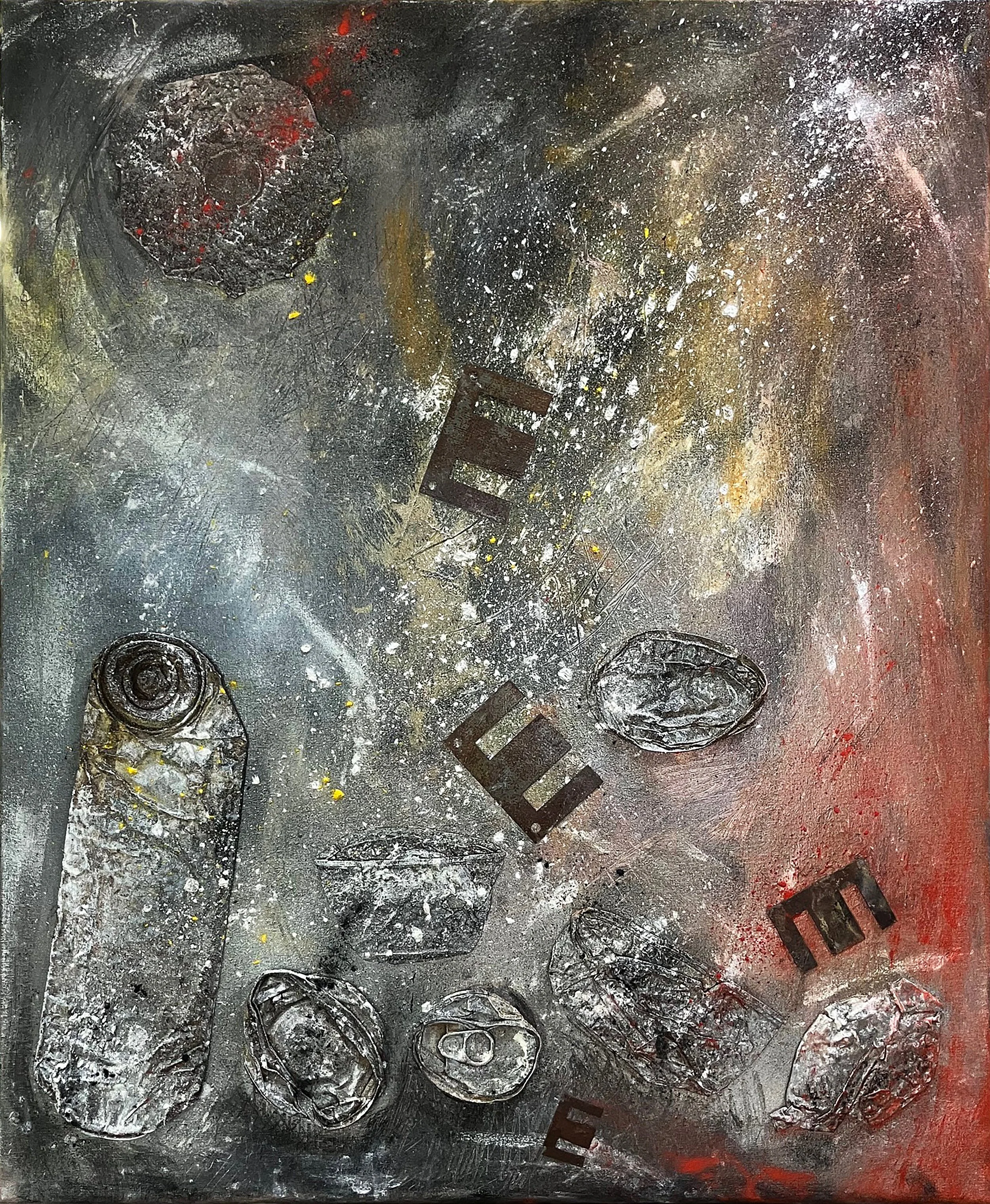 12. Um draiga: napalm i mort.
60 x 73 cm.
Tècnica mixta. Collage d'elements propis dels campaments saharauis i pintura acrílica.