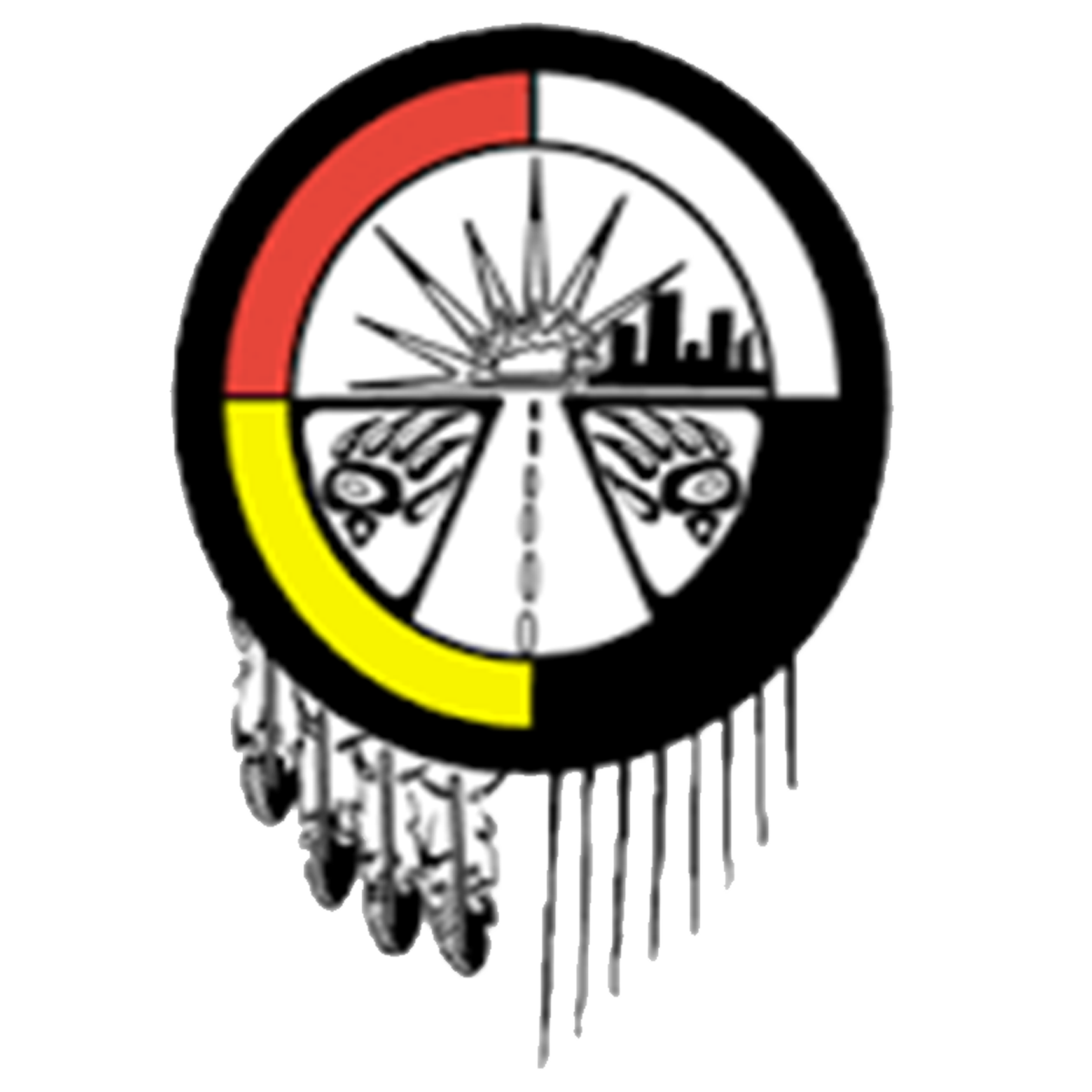 A circular artwork divided into four quadrants featuring various images including a sinking ship, city skyline, hands holding a chain, and a road, with a color-coded rim in red, yellow, black, and white and hanging objects at the bottom.