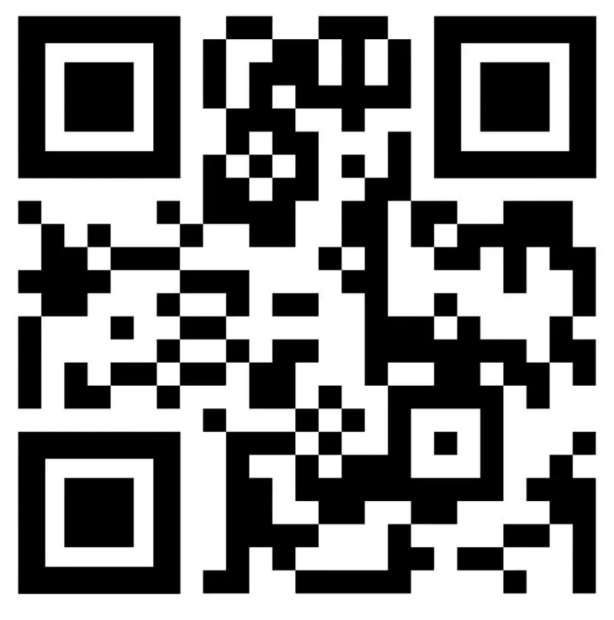 A QR code in black and white with three larger squares in three corners.
