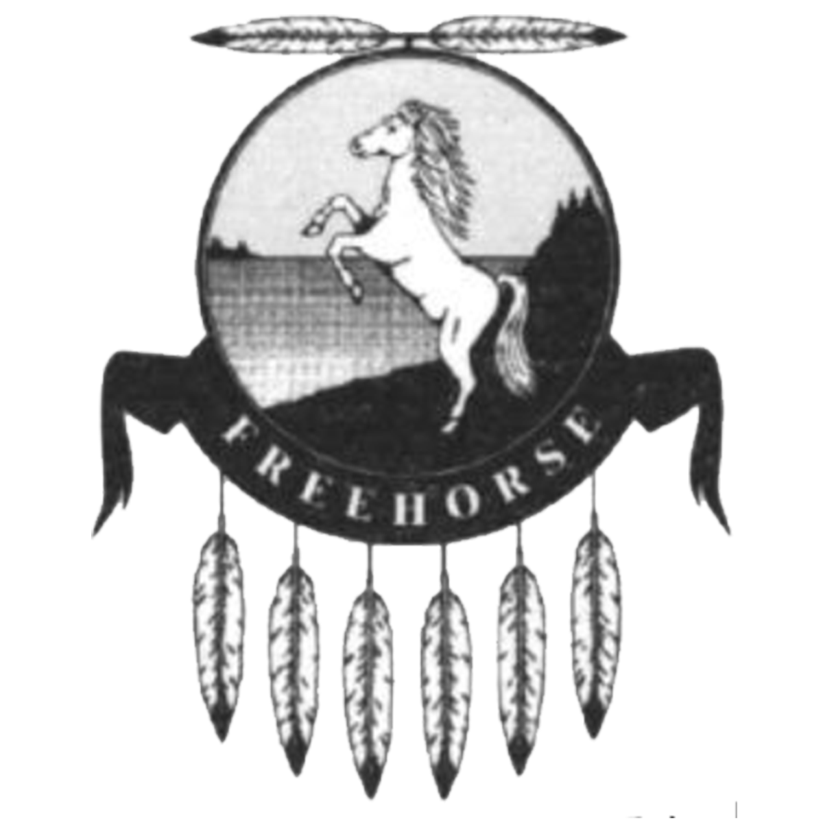 A black and white emblem featuring a rearing horse inside a circular frame. Below the circle is a ribbon that reads 'Freehorse,' with feathers hanging from it.