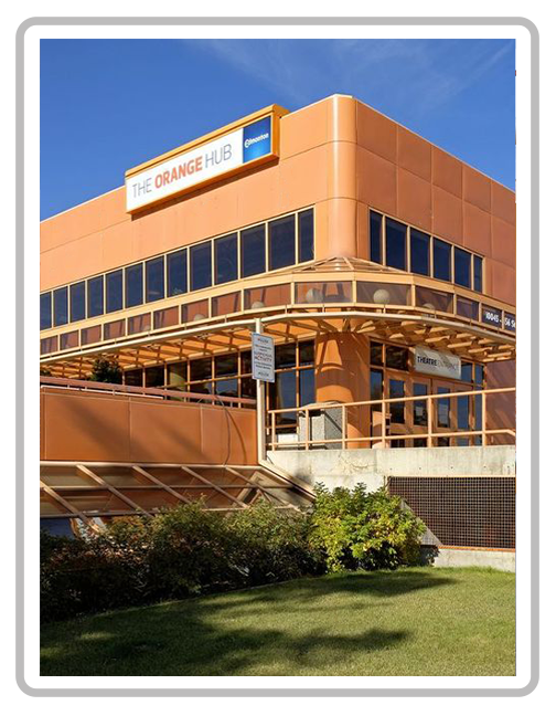 The Orange Hub building with orange exterior, glass windows, and a sign that reads 'The Orange Hub' against a blue sky.