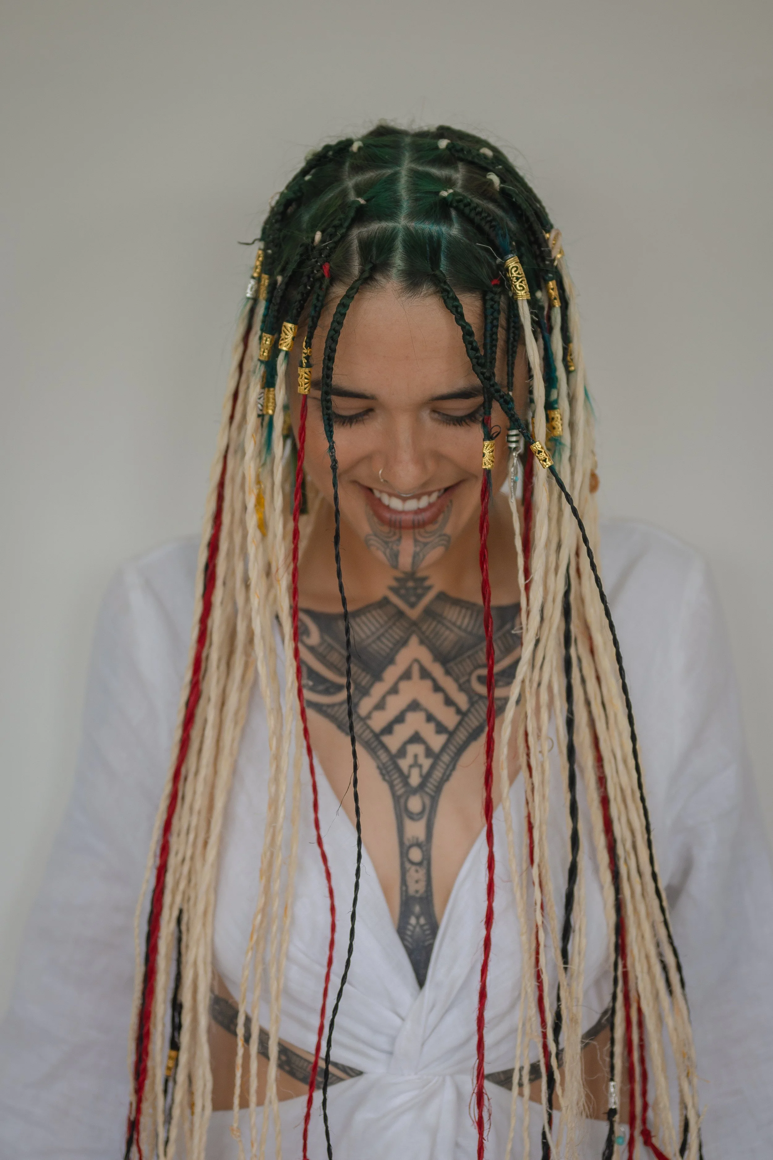 Mana wāhine miro locs harakeke muka fibre hair design by Māori designer Kimberley Maaka in Aotearoa New Zealand.