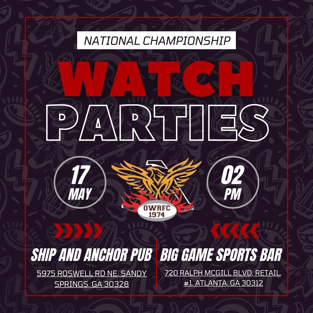 Come cheer on Atlanta Old White Rugby Club as we battle for the National Championship this weekend! We’ve got TWO watch parties lined up—bring the energy, wear your AOW gear, and let’s show our team some love from home! 💪🔥
📅 May