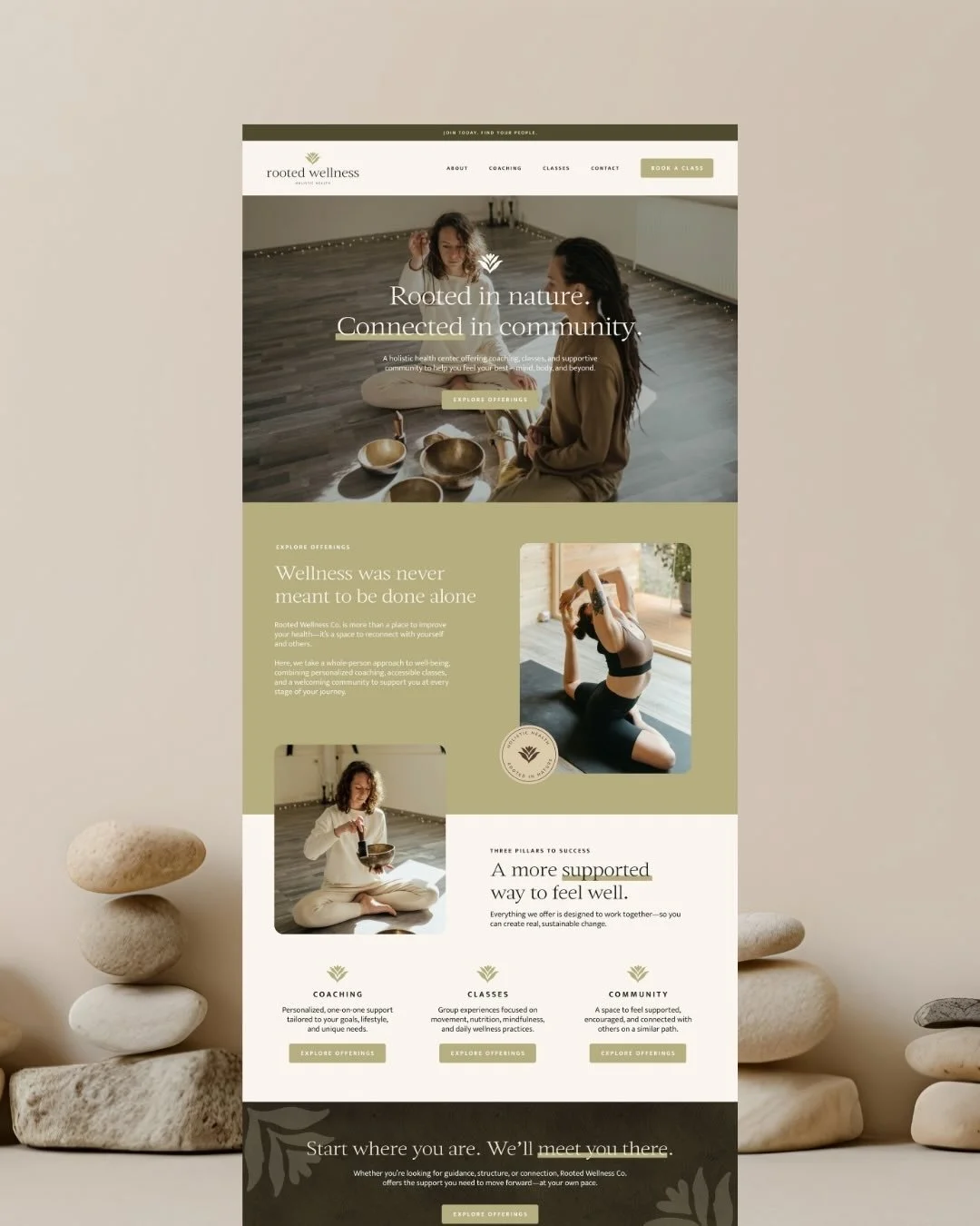 Your brand lives on every page of your website and across every touchpoint of your business. This concept homepage for Rooted Wellness Co. shows how a strong visual identity translates seamlessly online. Same visuals, same feeling and same level of i