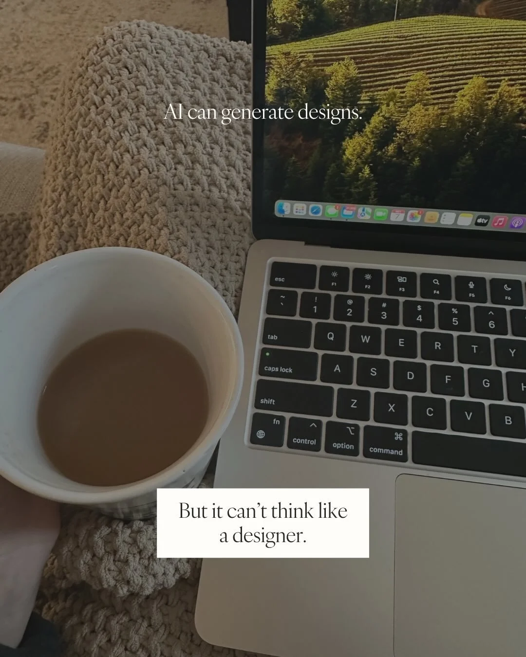 AI can generate a lot of things these days. But it can&rsquo;t think for you and it can&rsquo;t tell YOUR story.
 
Creating something quickly with AI might feel like an easy way to get something that looks nice, but good design has never just been ab