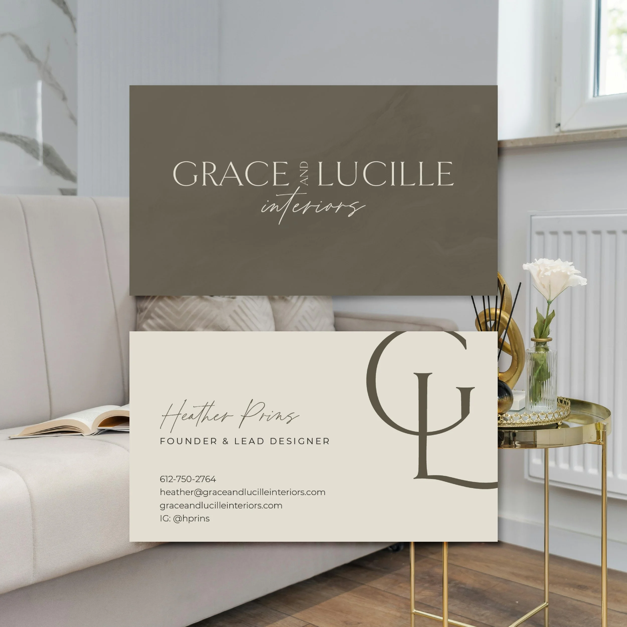 Grace & Lucille Interiors business card mockup to represent marketing collateral design services.
