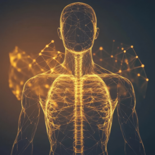 Digital illustration of a human body with a glowing, transparent outline showing the skeletal structure, surrounded by network lines and points representing a technological or scientific theme.