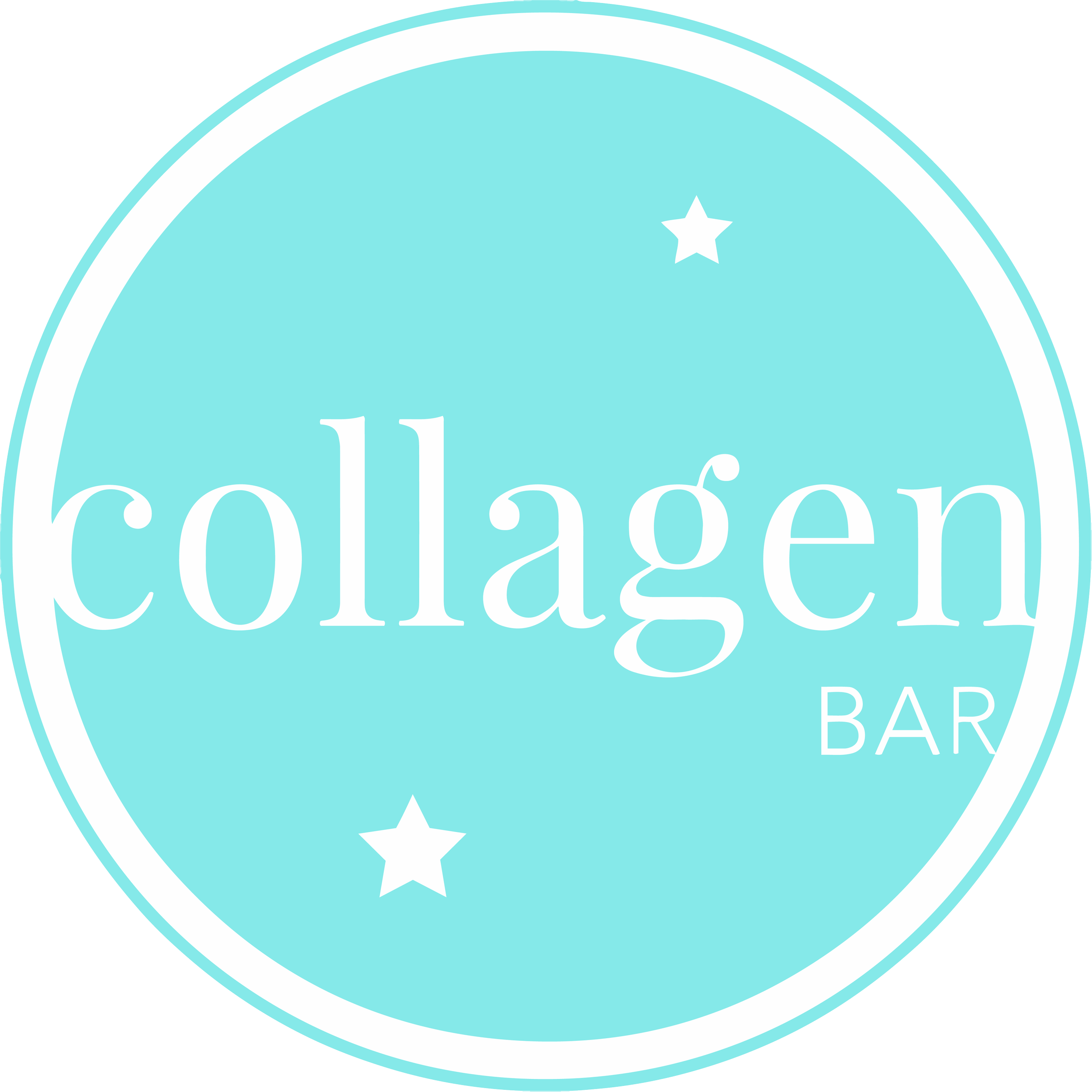 A circular logo with a light blue background, white border, and the words 'collagen BAR' in white text, along with small white star graphics.