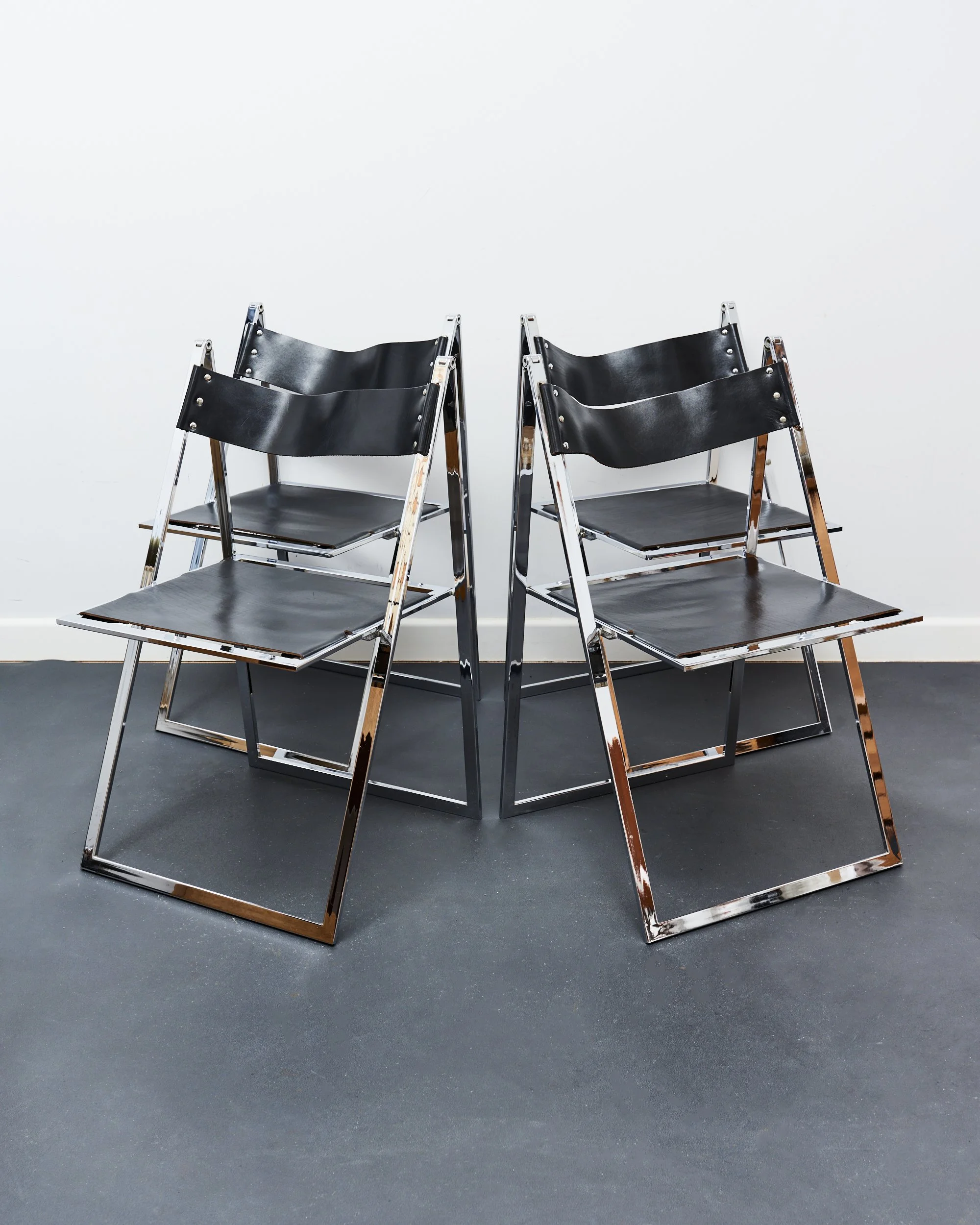 Set of 4 Folding Chairs in Chrome & Leather by Fontoni & Geraci for Elios Colle D'Elsa Italy C.1970