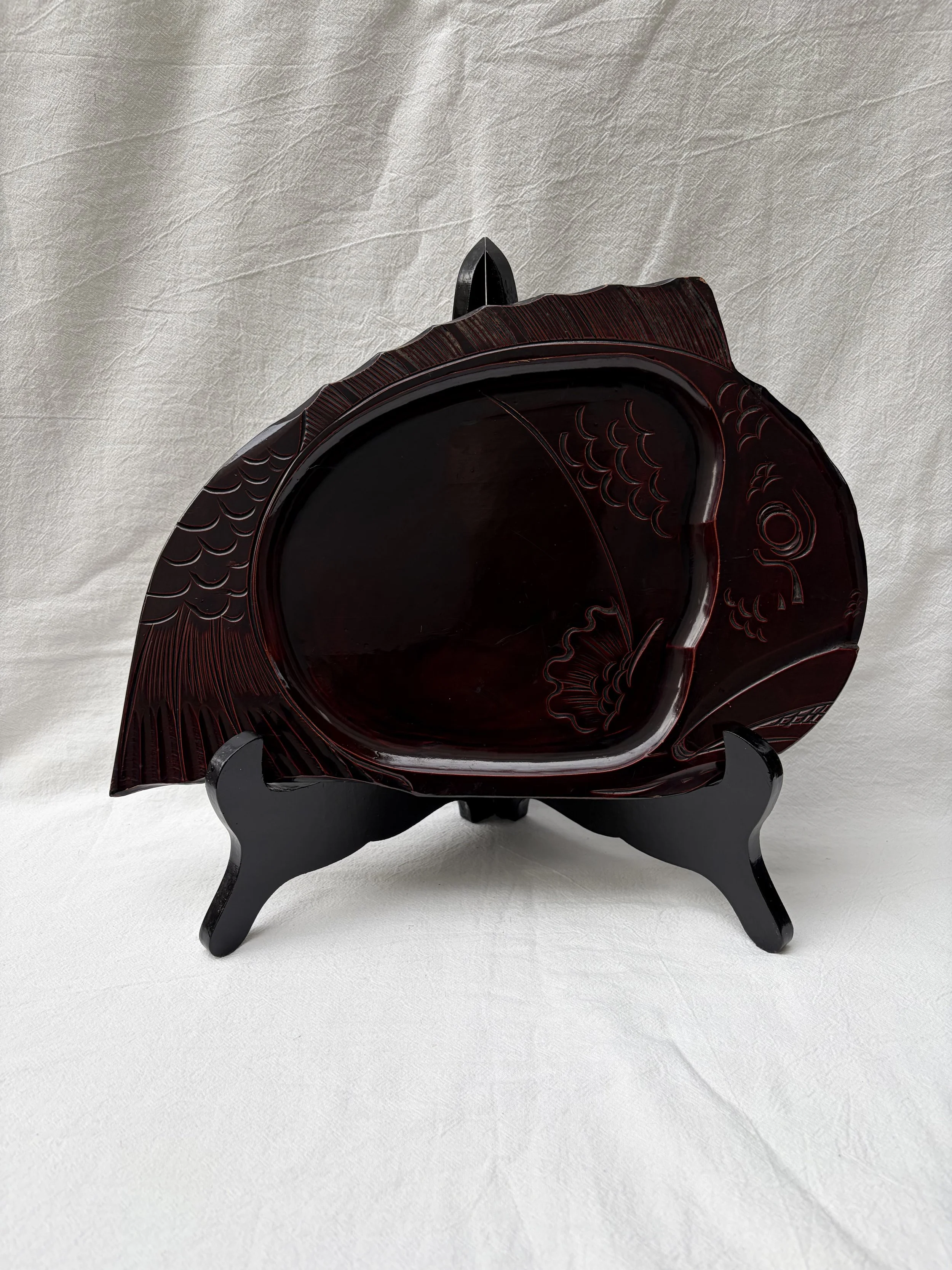 Vintage Large Sea Bream 'Tai' Shaped Wooden Tray Handcarved Lacquerware Japanese C.1960