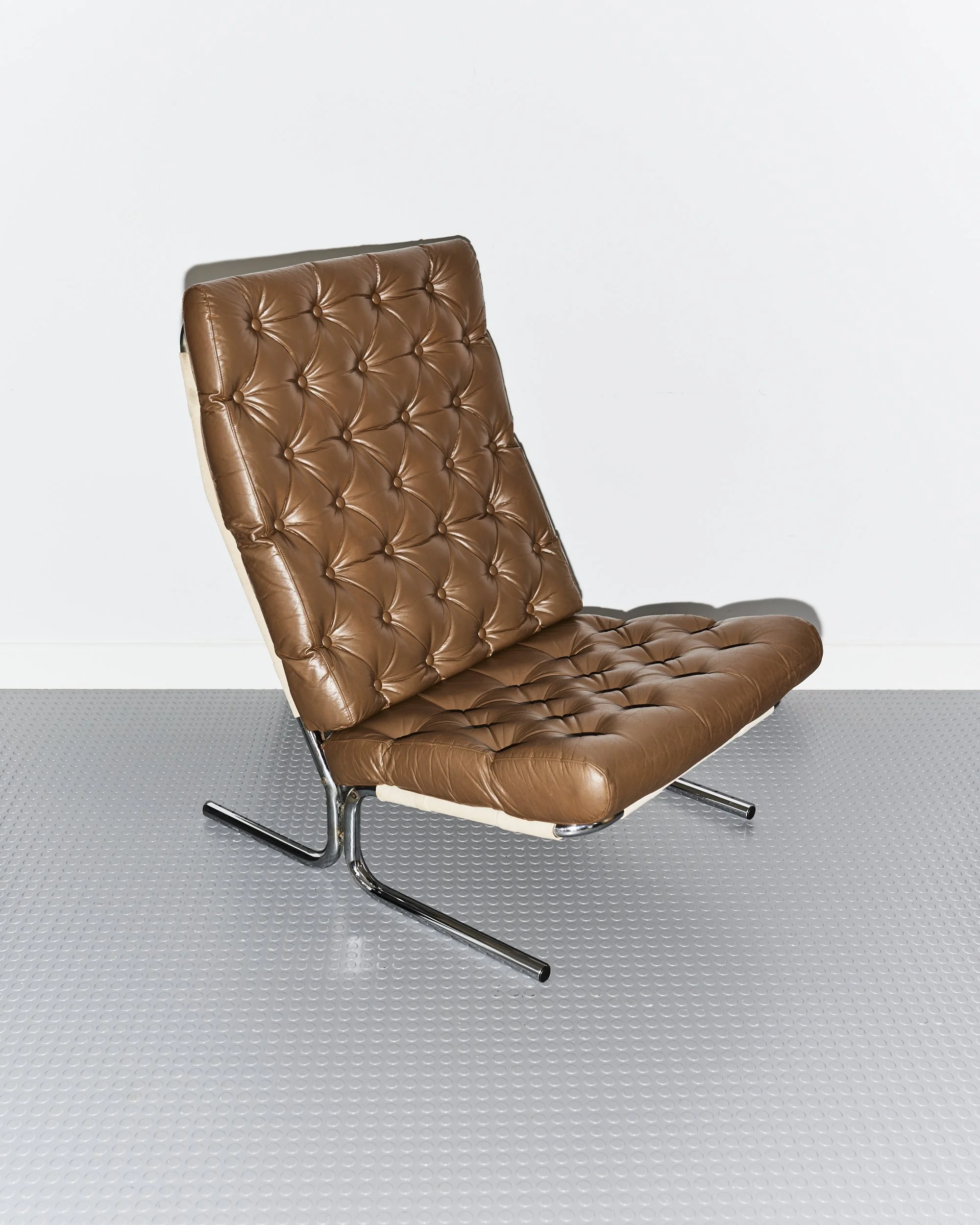 Vintage Scandinavian Tubular Chrome & Leather Lounge Sling Chair C.1970
