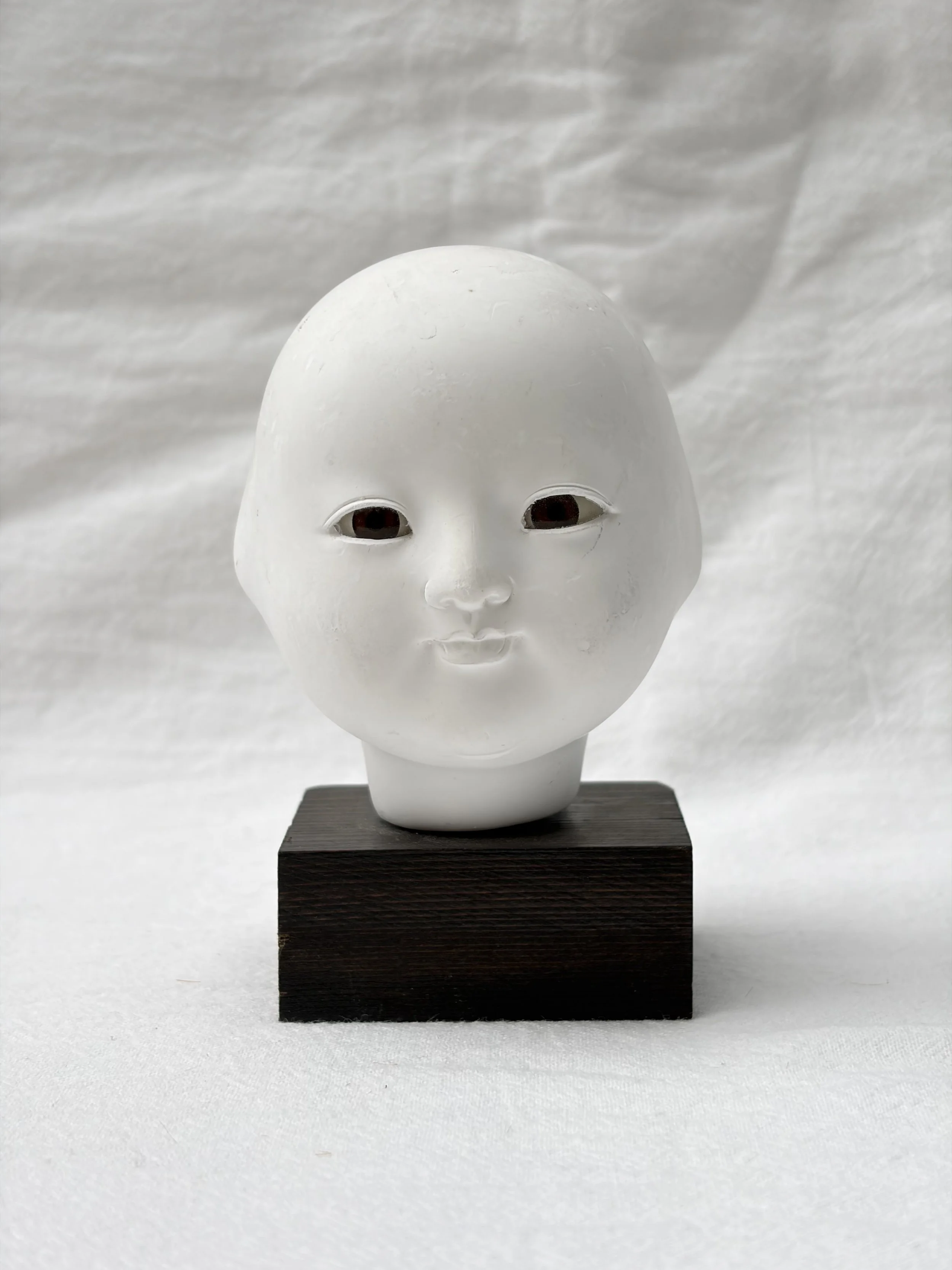 Vintage Japanese Ichimatsu Doll Gesso Head Mounted on Wood Stand