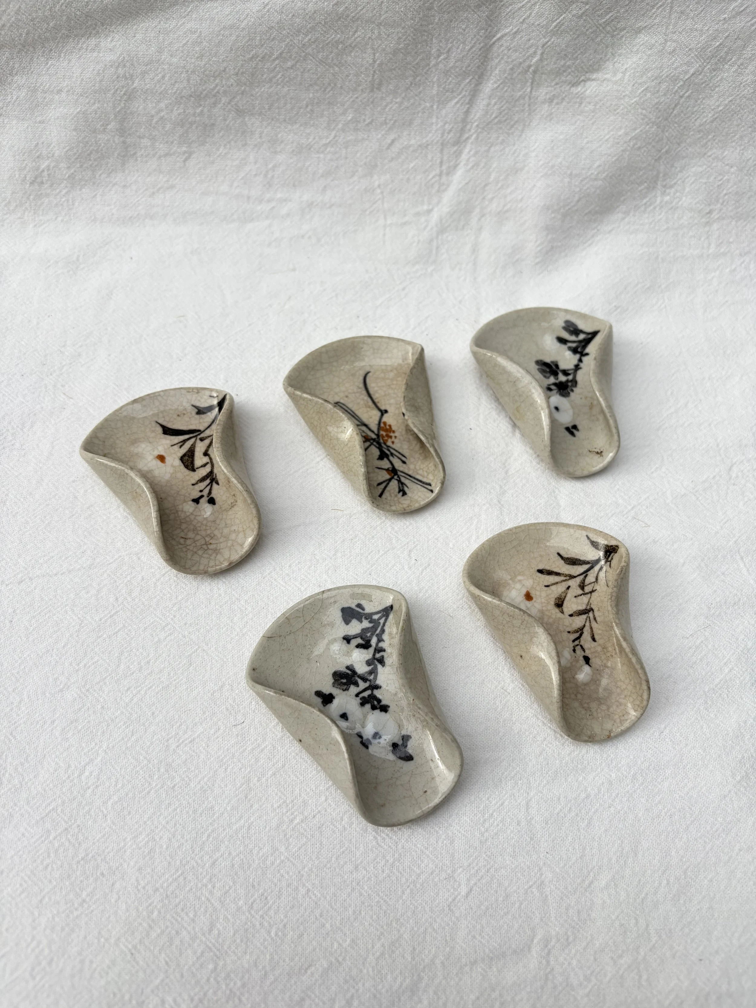 Set of 5 Ceramic 'Hashioki' Chopstick Rests with Hand Painted Flower Motifs Japanese C.1980