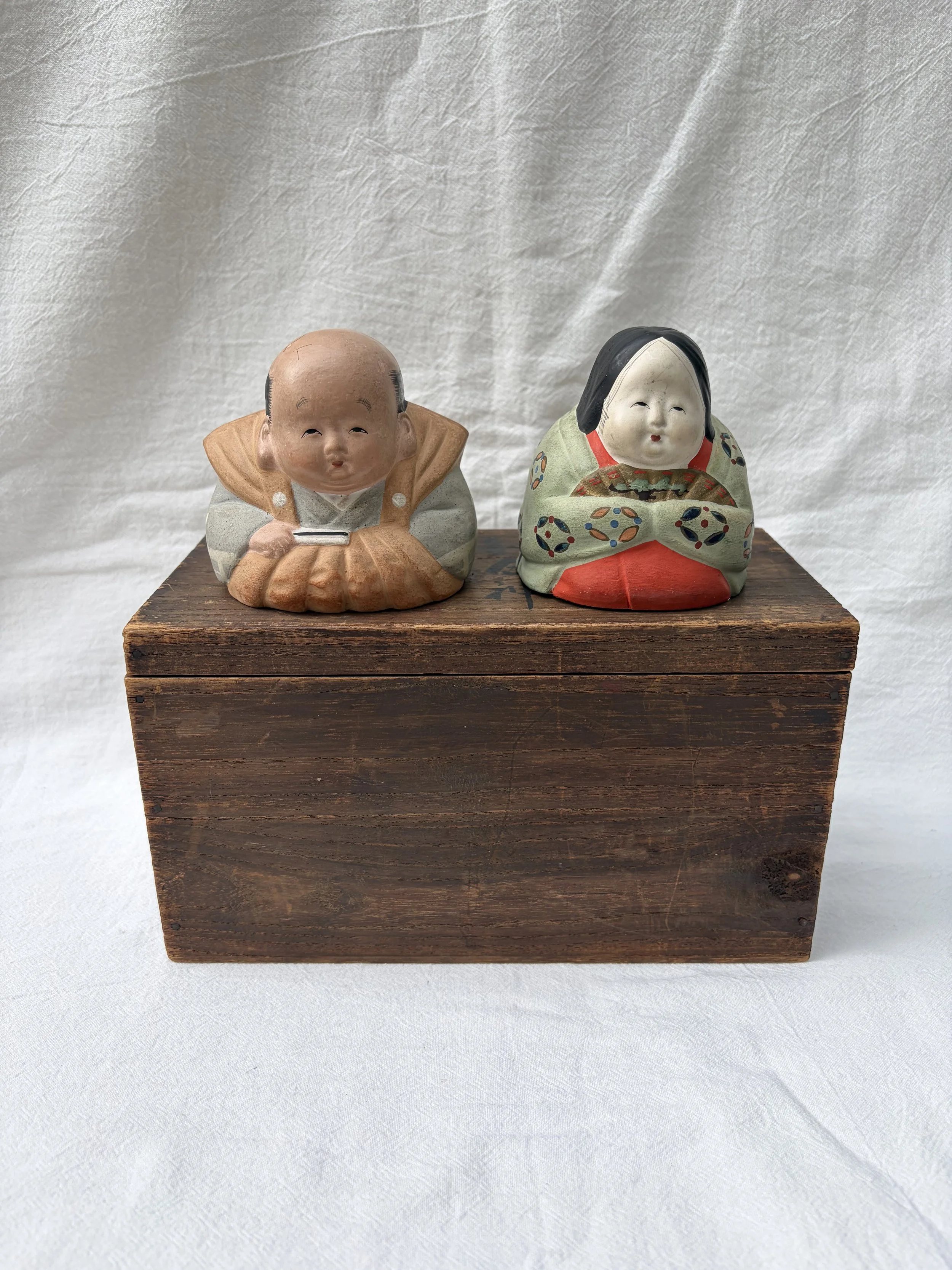 Pair of Vintage Hakata 'Otafuku' & 'Fukusuke' Clay Dolls for Joy Good Fortune & Virtue C.1925