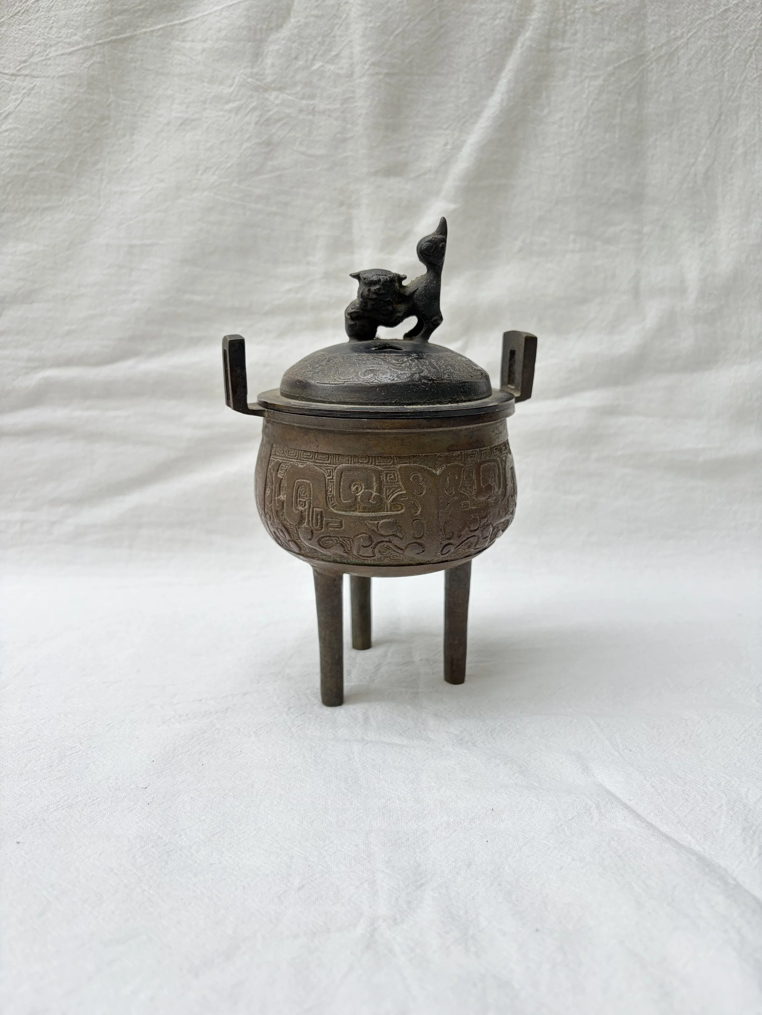 Stunning Antique Three Legged Lion Motif Incense Burner Bronze-ware Made in Japan C.1970