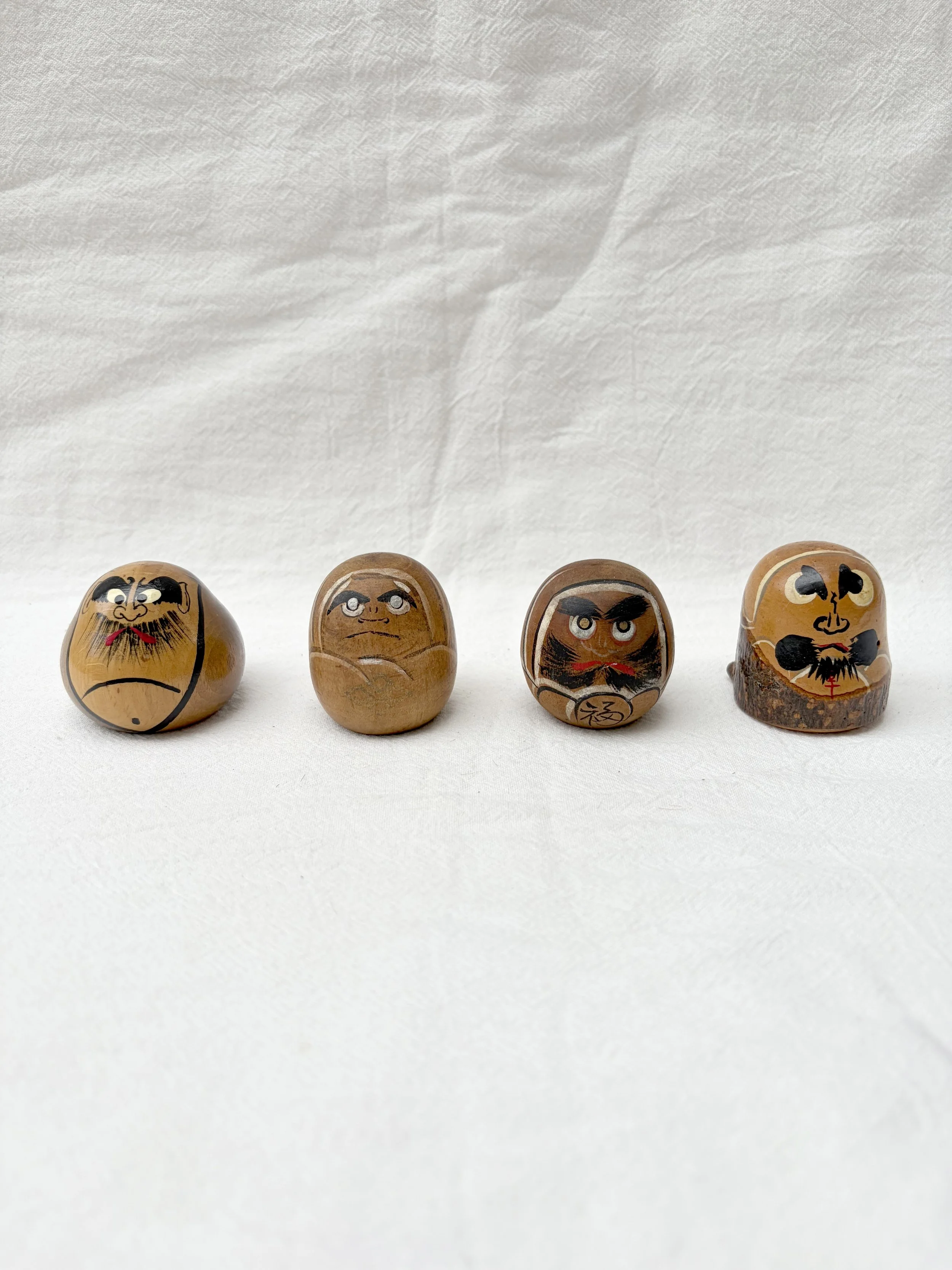 Vintage Set of 4 Small Collectable Wooden Daruma from Japan C.1960
